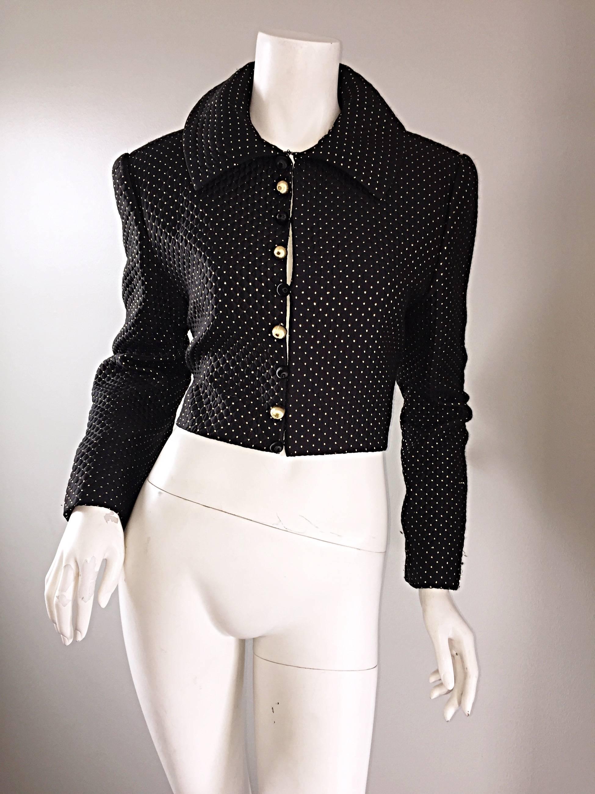 Carolyne Roehm for Saks 5th Avenue 1990s Black + Gold Silk Cropped Bolero Jacket For Sale 4