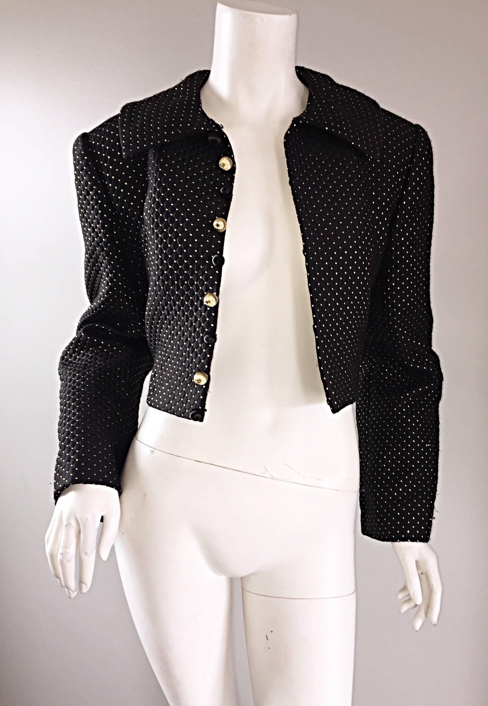 Carolyne Roehm for Saks 5th Avenue 1990s Black + Gold Silk Cropped Bolero Jacket For Sale 2