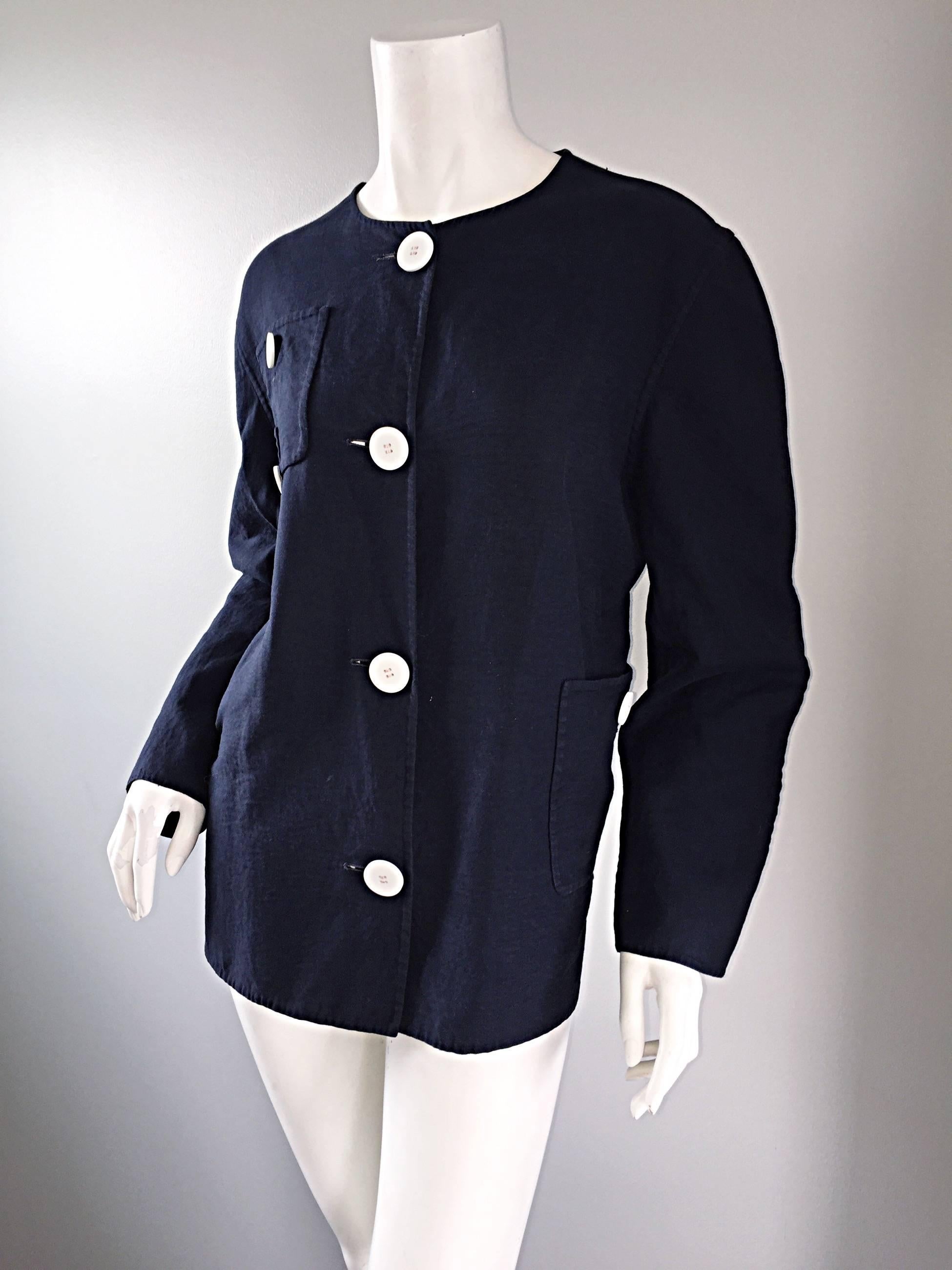 Black 1960s Bill Blass for Bergdorf Goodman Navy Blue + White Nautical Swing Jacket