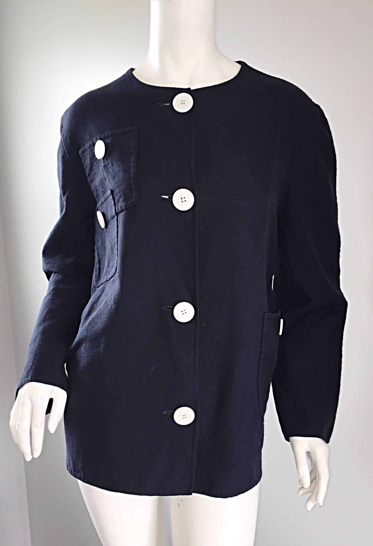 1960s Bill Blass for Bergdorf Goodman Navy Blue + White Nautical Swing Jacket 2