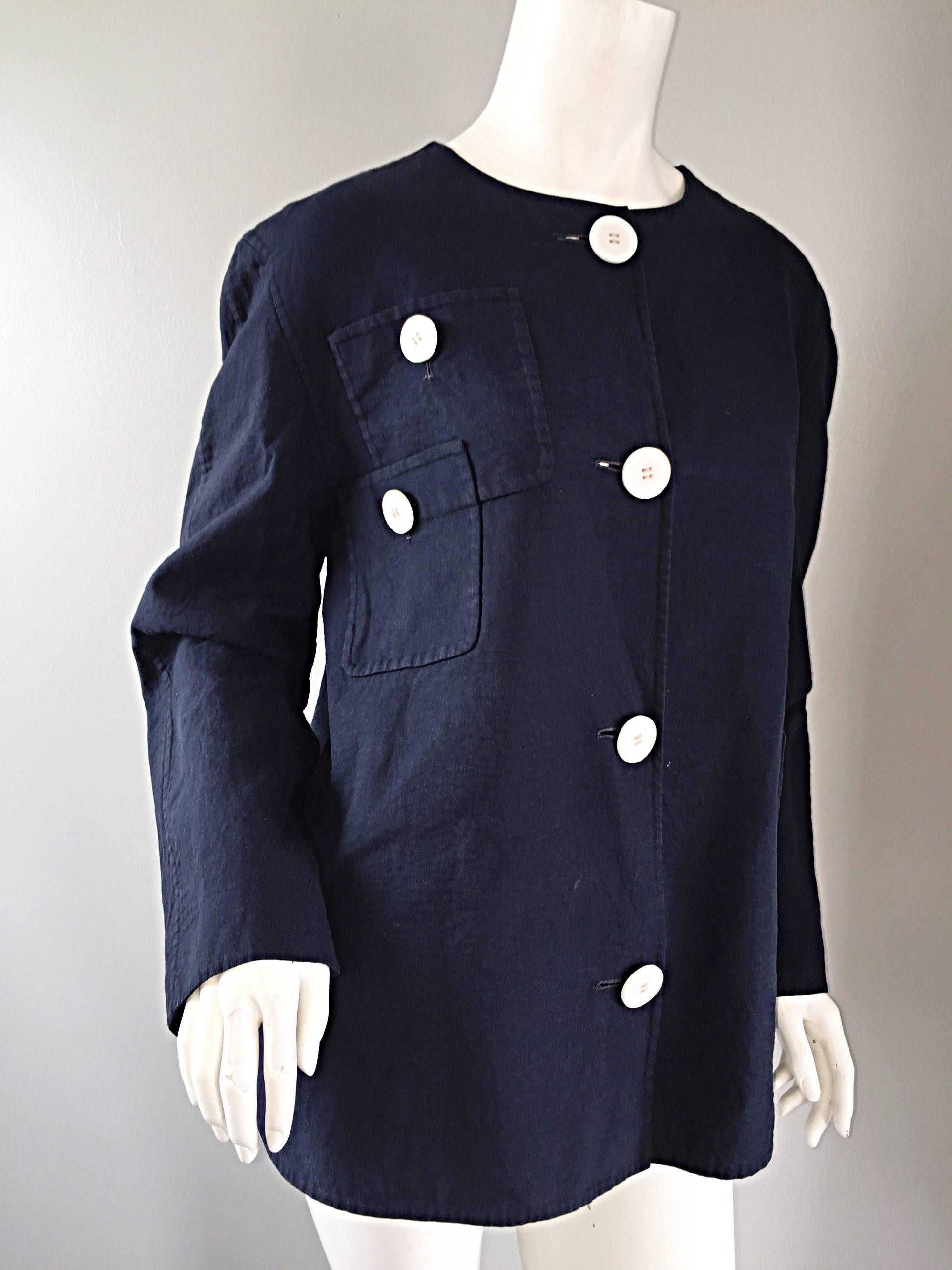 Women's 1960s Bill Blass for Bergdorf Goodman Navy Blue + White Nautical Swing Jacket