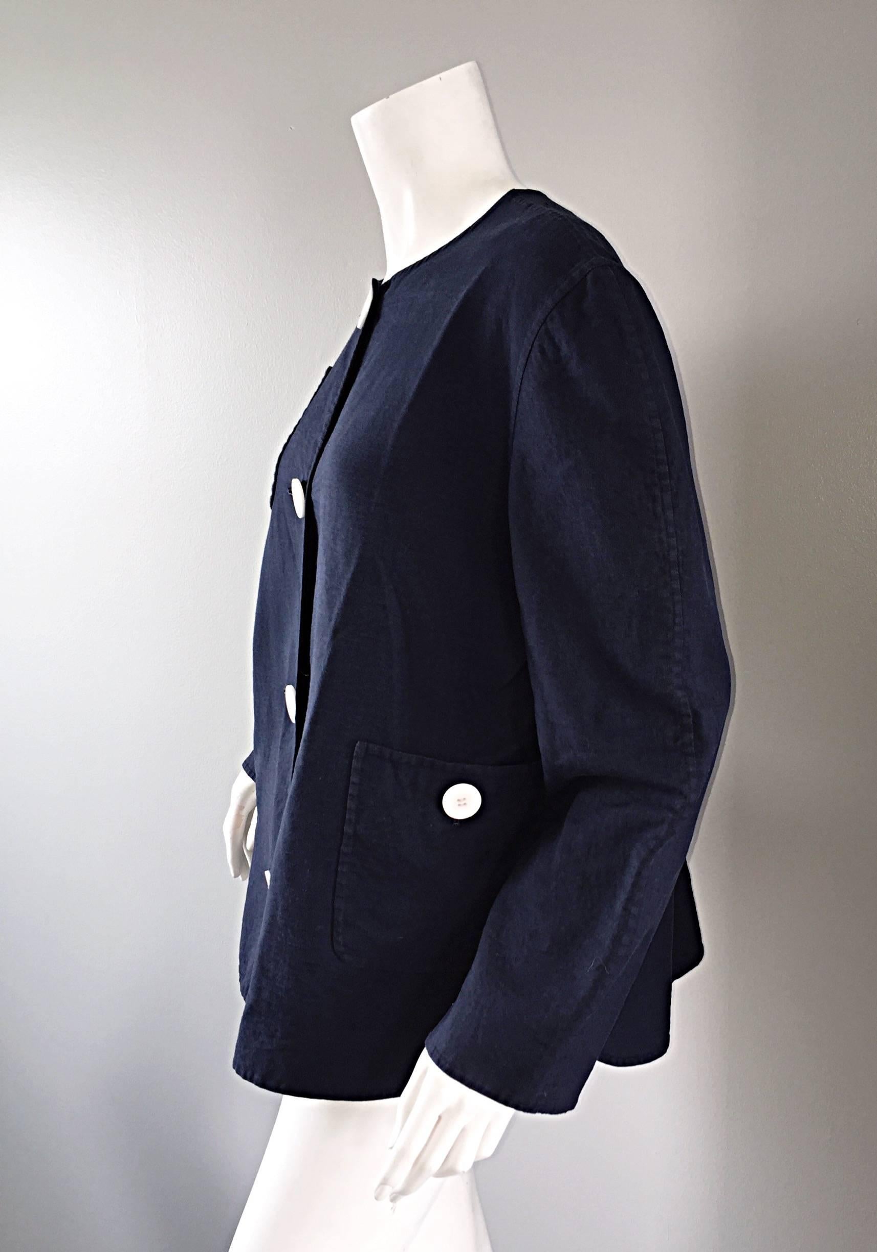 1960s Bill Blass for Bergdorf Goodman Navy Blue + White Nautical Swing Jacket 1