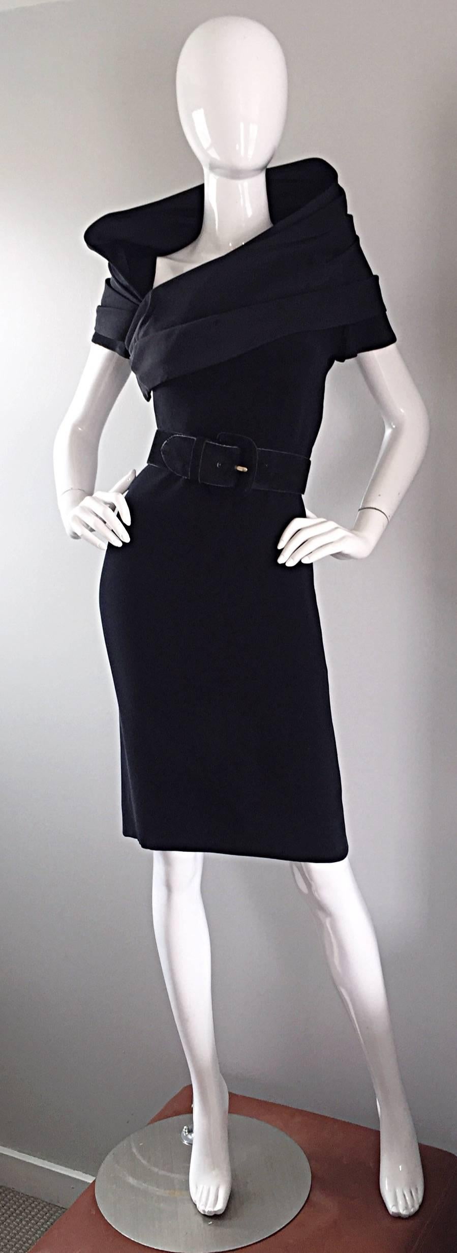 Amazing Vintage Bill Blass Black Short Sleeve Avant Garde Cowl Neck Dress Sz 10 1