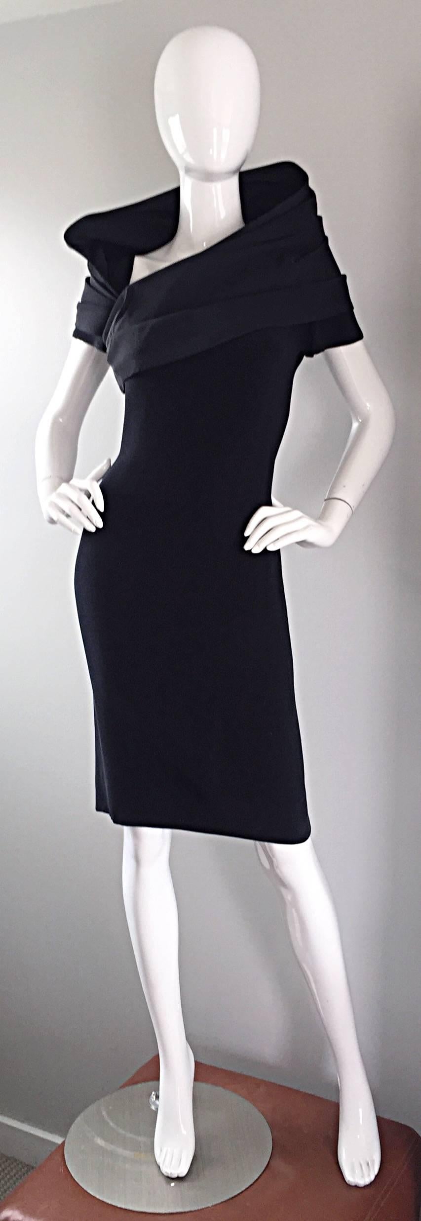 Amazing Vintage Bill Blass Black Short Sleeve Avant Garde Cowl Neck Dress Sz 10 5