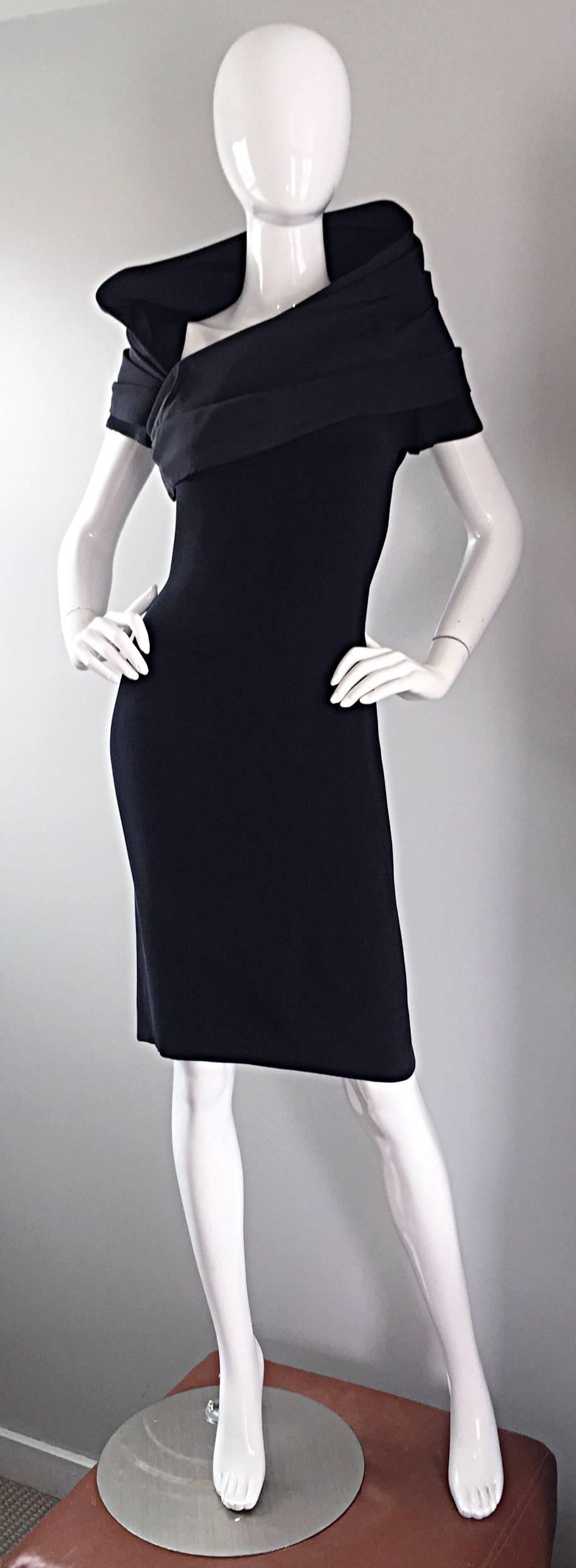 Incredible vintage 1990s 90s BILL BLASS for NEIMAN MARCUS little black dress! Features an elegant and extravagant silk taffeta collar that can be worn multiple ways. The perfect little black dress that is a timeless addition to any wardrobe! Bodycon