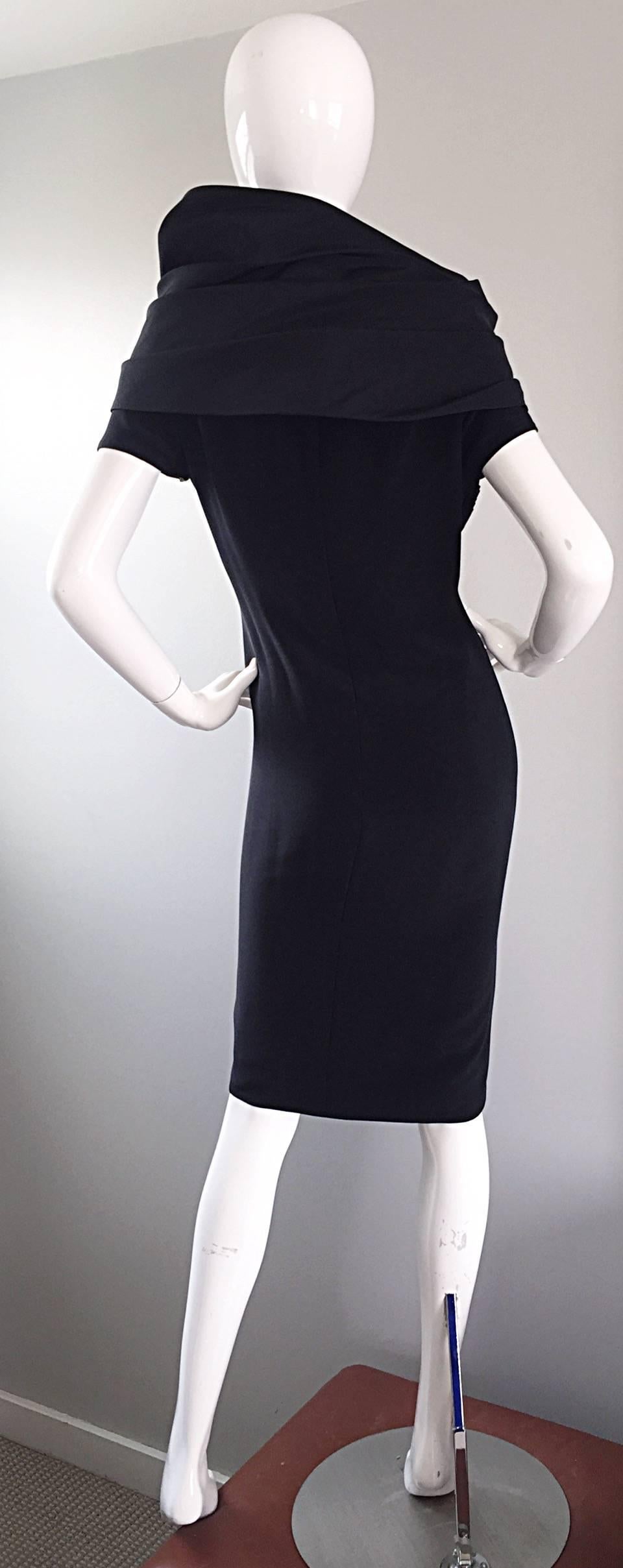 Women's Amazing Vintage Bill Blass Black Short Sleeve Avant Garde Cowl Neck Dress Sz 10