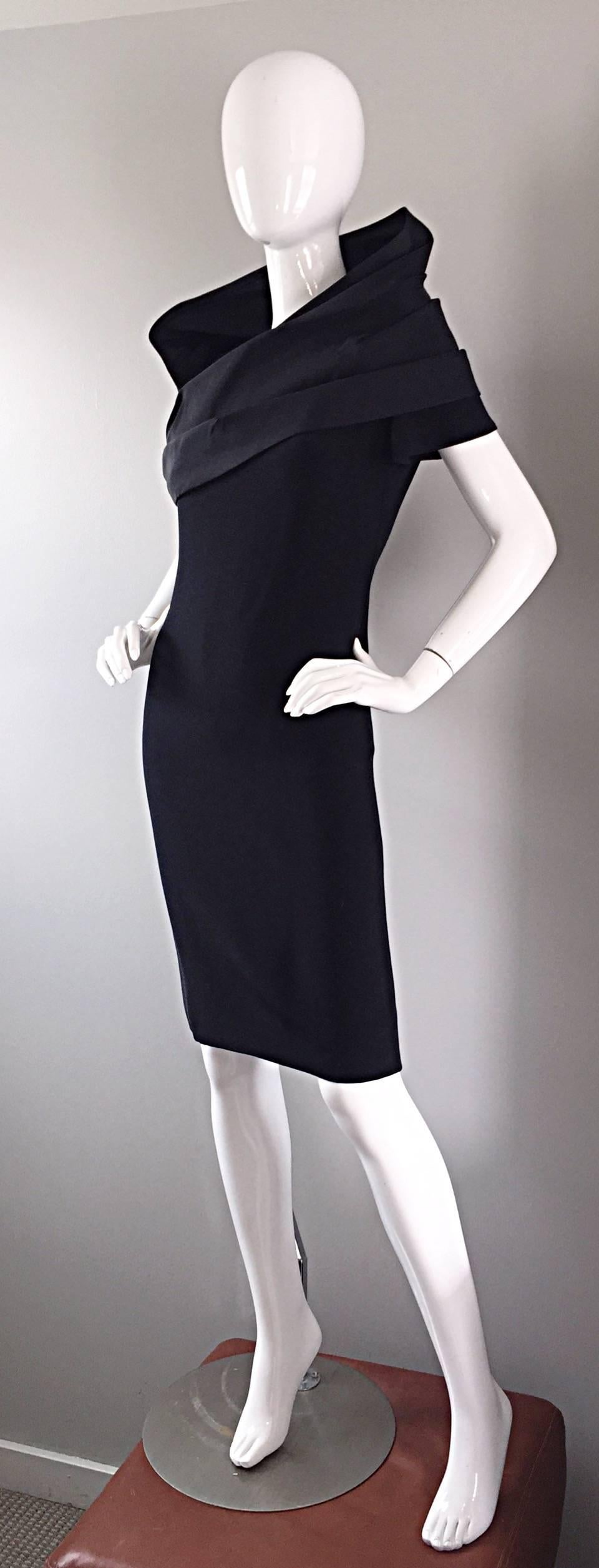 Amazing Vintage Bill Blass Black Short Sleeve Avant Garde Cowl Neck Dress Sz 10 2