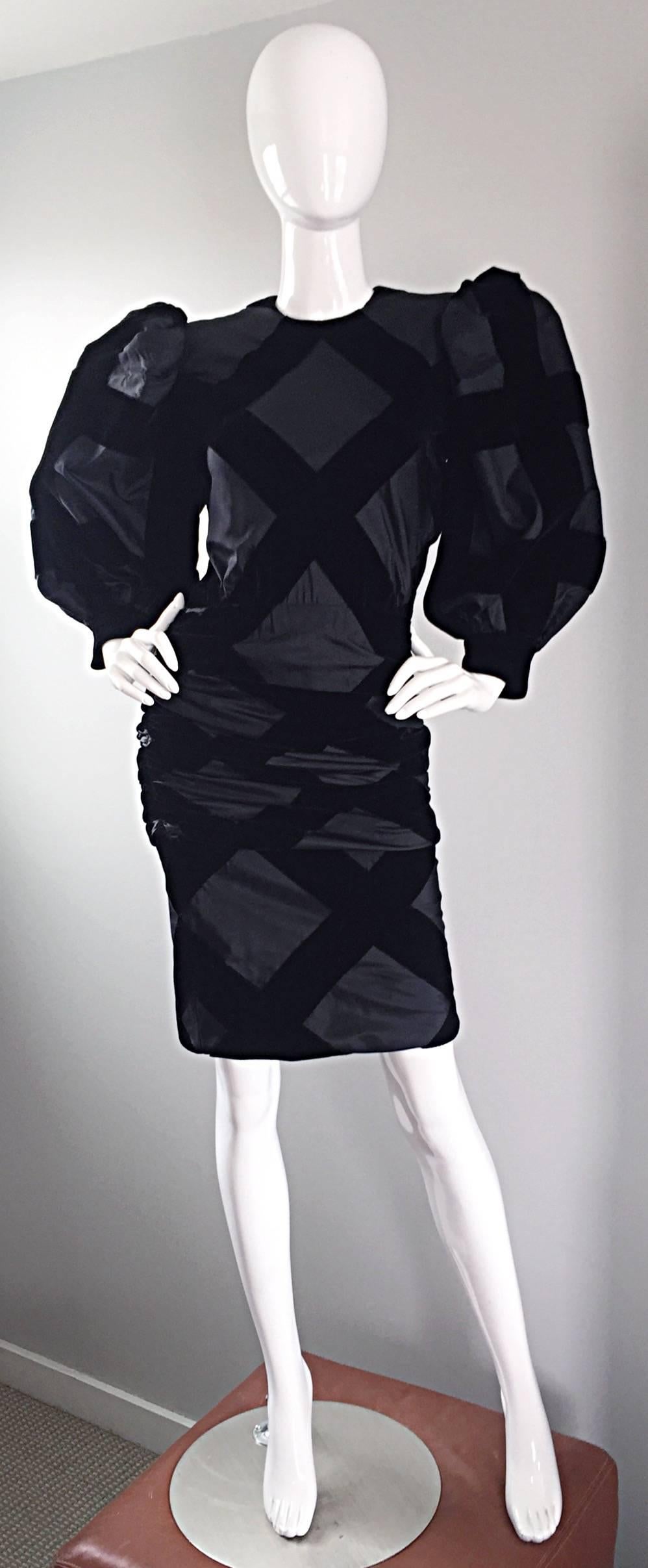 Brilliant vintage GIVENCHY HAUTE COUTURE avant garde wiggle dress! Every single bit of this dress was completely hand-sewn! Features fabulous over-the-top puff sleeves. Silk taffeta with black silk velvet checks throughout. Ruched bodice is