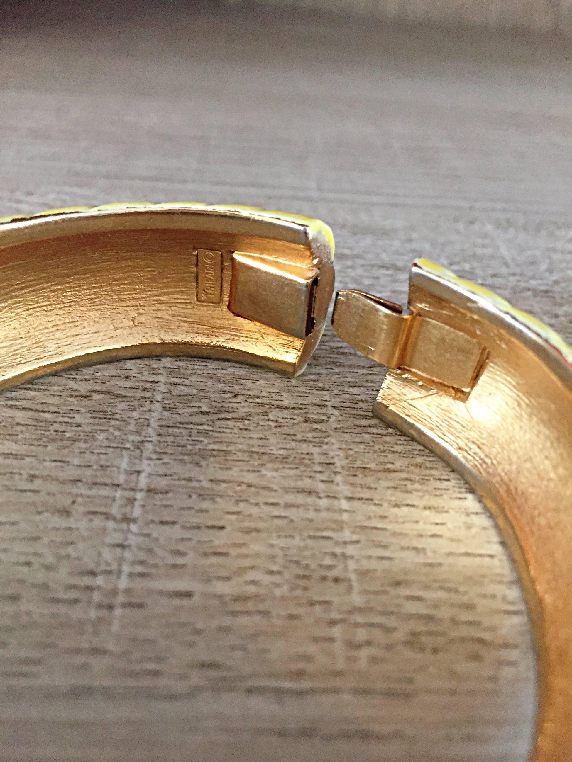 Women's 1960s Trifari Canary Yellow Vintage 60s Etched Signed Bangle Bracelet  For Sale