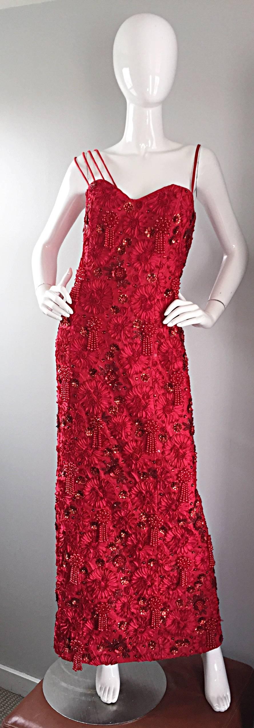 Divine custom made vintage cherry red larger plus size couture dress! Hand-sewn lace, sequins and thousands of beads throughout the entire gown. Features three straps on one shoulder, and one strap on the other. Heavy duty full metal zipper up the