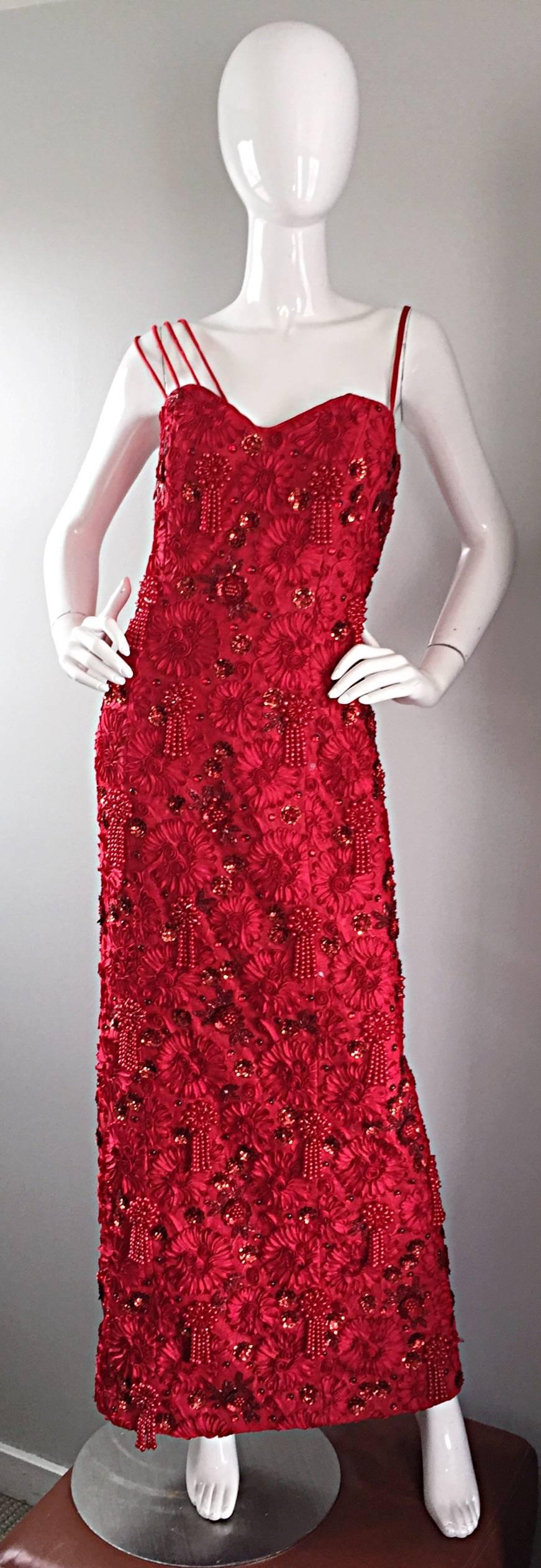 Beautiful Extra Large Size Vintage Lipstick Red Beaded + Sequin Custom Made Gown For Sale 1