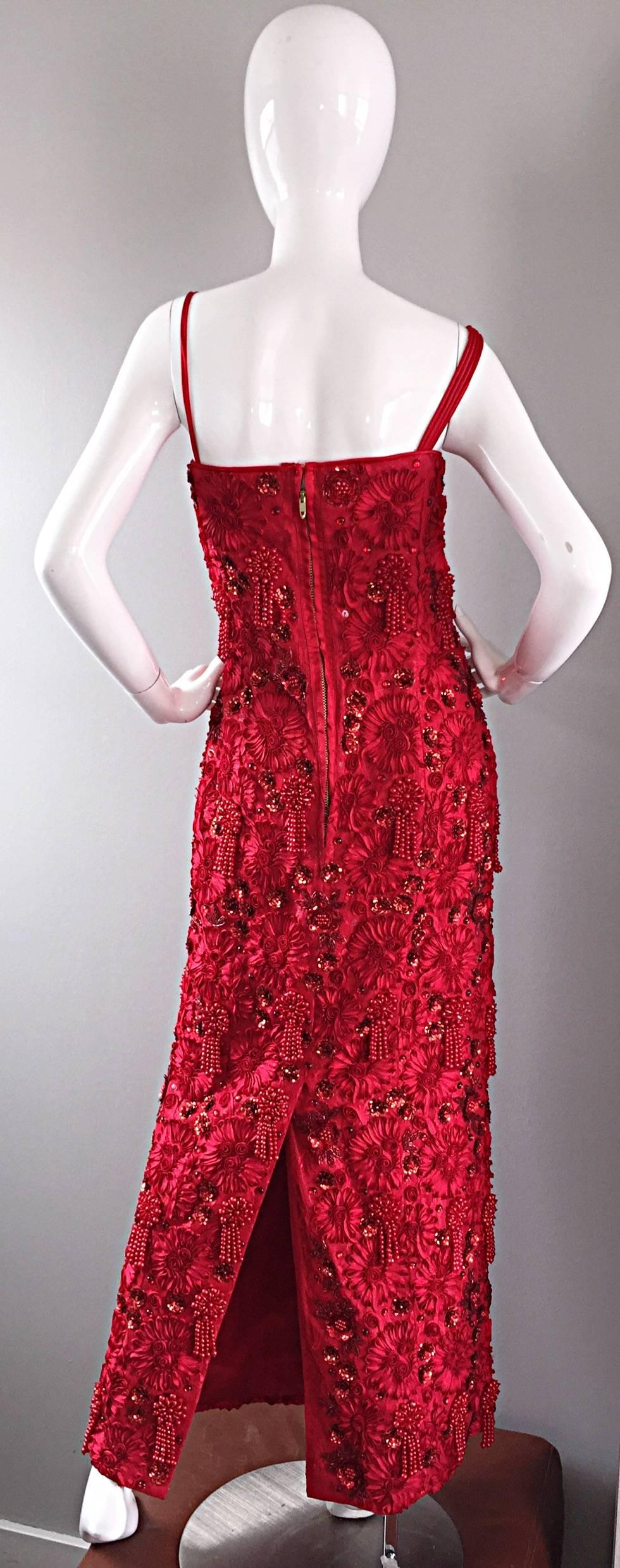 Women's Beautiful Extra Large Size Vintage Lipstick Red Beaded + Sequin Custom Made Gown For Sale