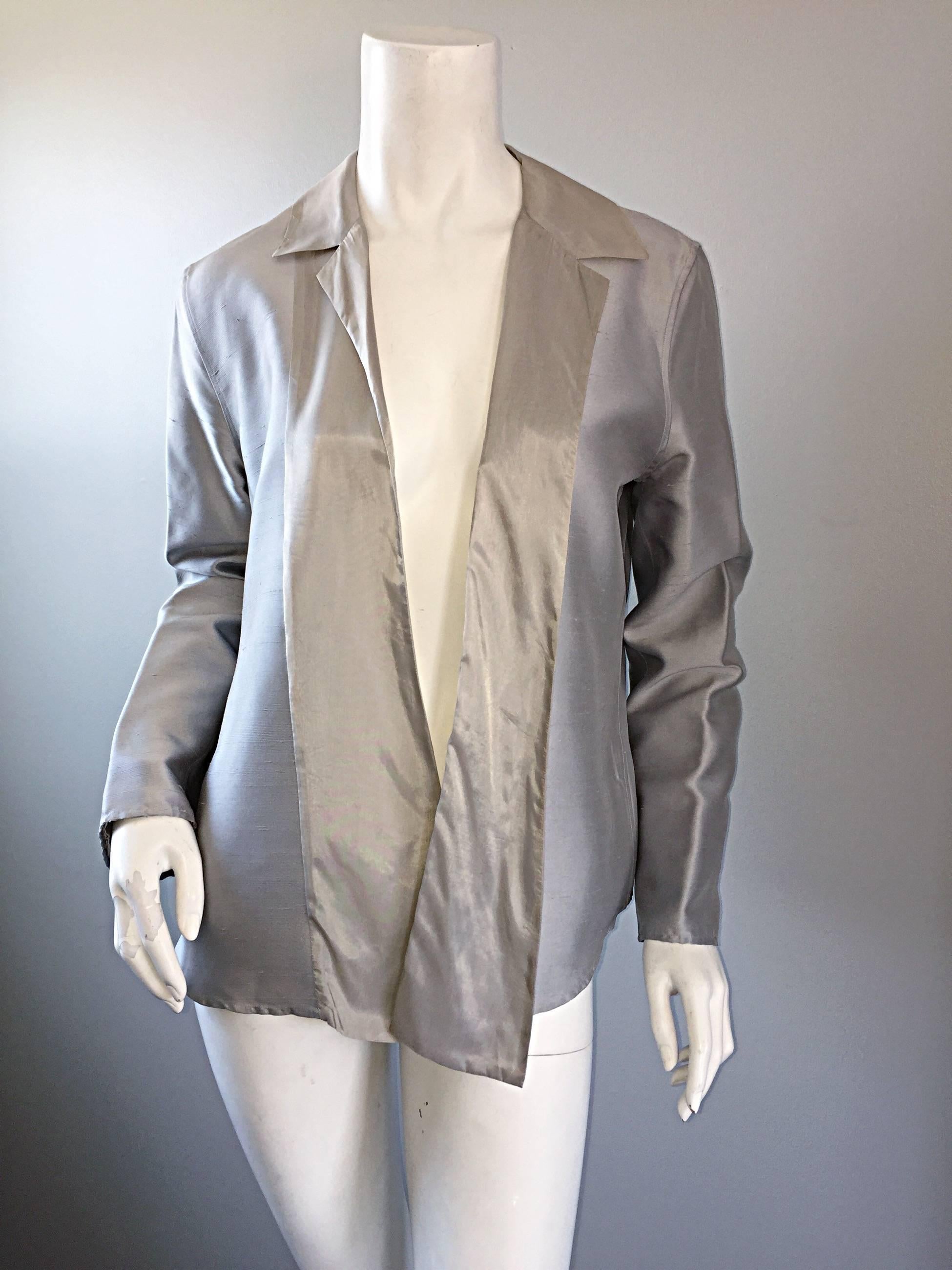Jil Sander 1990s Silk Silver Metallic Minimalist Asymmetrical Blazer Jacket  For Sale 2