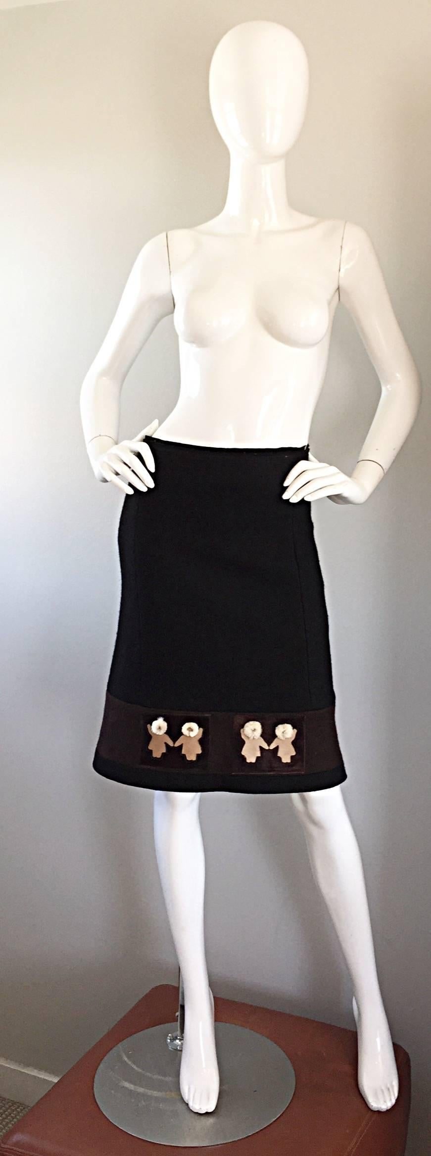 1990s Prada Black + Brown Wool & Pony Hair Novelty ' Eskimo ' Pencil Skirt  For Sale 2