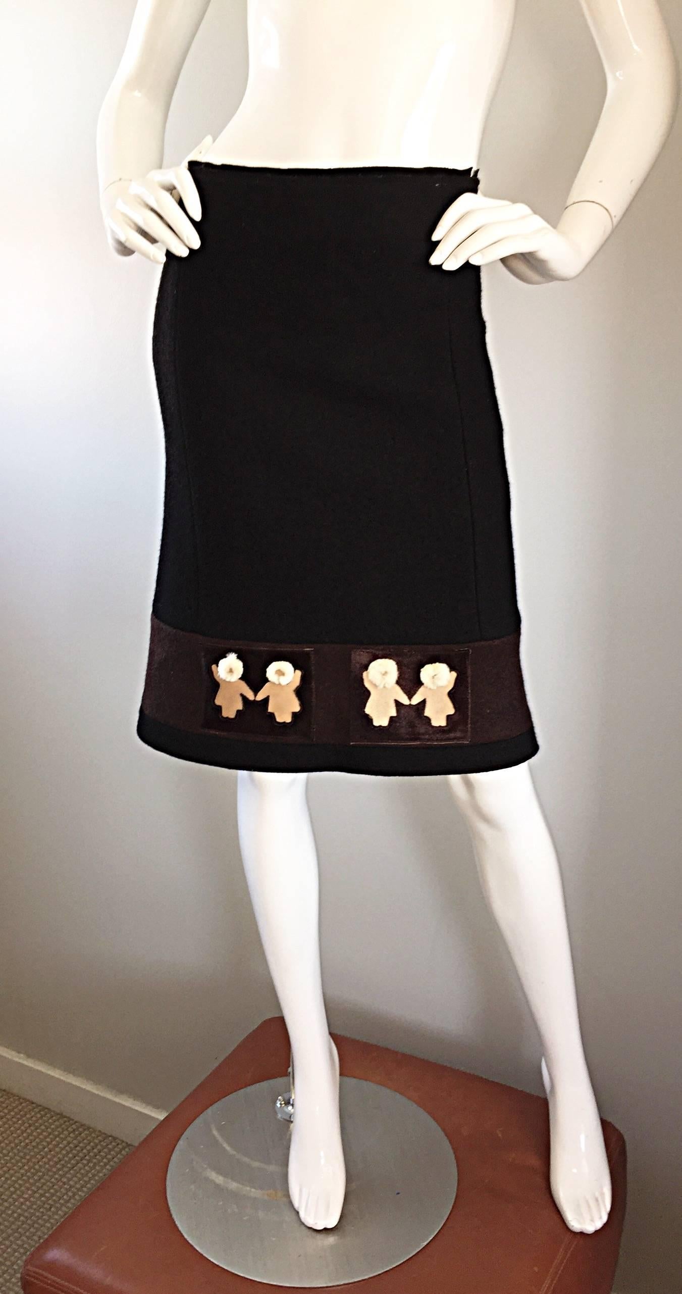 Women's 1990s Prada Black + Brown Wool & Pony Hair Novelty ' Eskimo ' Pencil Skirt  For Sale