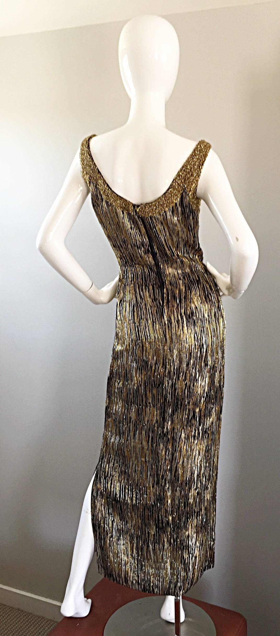 Women's Extraordinary 1960s Beaded Gold Silver Black Silk Couture 60s Wiggle Gown Dress For Sale