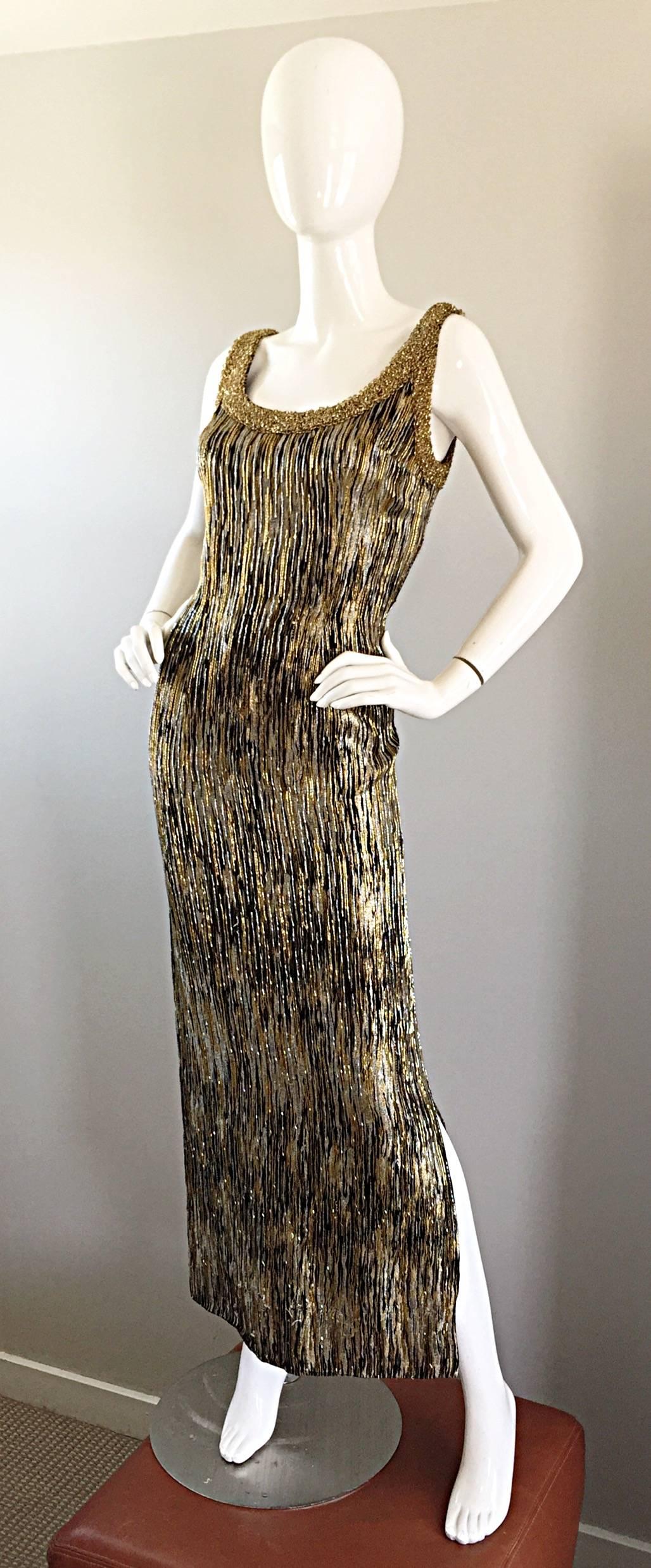 Extraordinary 1960s Beaded Gold Silver Black Silk Couture 60s Wiggle Gown Dress In Excellent Condition For Sale In San Diego, CA