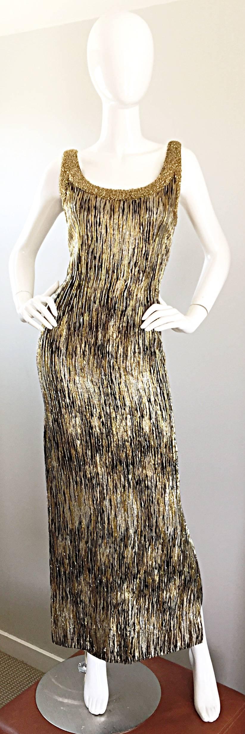 Extraordinary 1960s Beaded Gold Silver Black Silk Couture 60s Wiggle Gown Dress For Sale 1