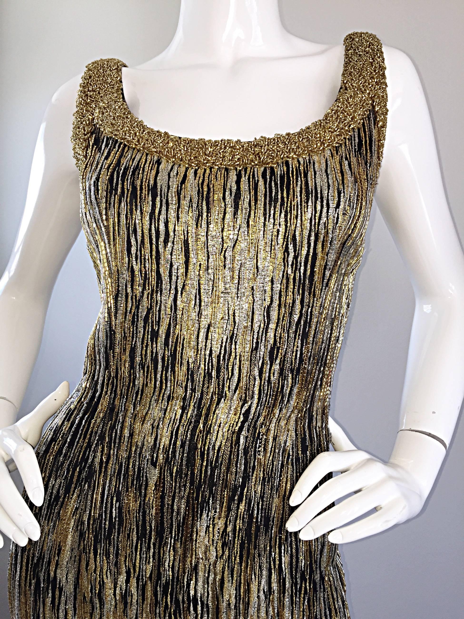 Brown Extraordinary 1960s Beaded Gold Silver Black Silk Couture 60s Wiggle Gown Dress For Sale