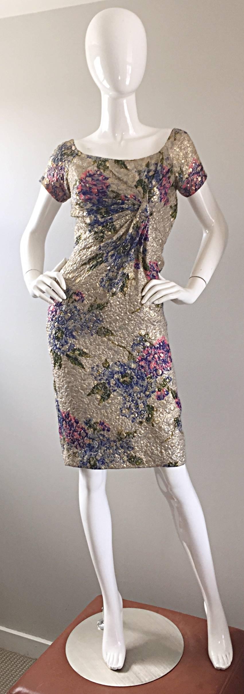 Gorgeous 1950s Ceil Chapman Metallic Silk Watercolor Vintage 50s Wiggle Dress 1