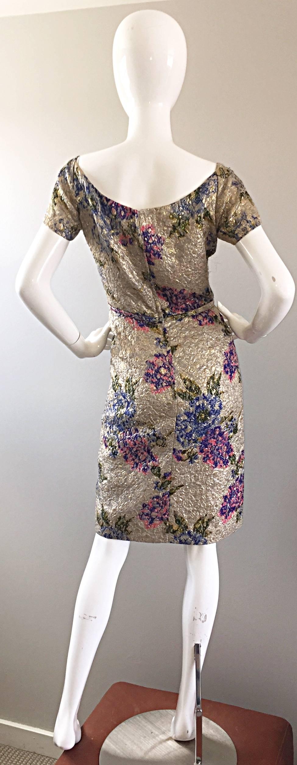 Gorgeous 1950s Ceil Chapman Metallic Silk Watercolor Vintage 50s Wiggle Dress 4