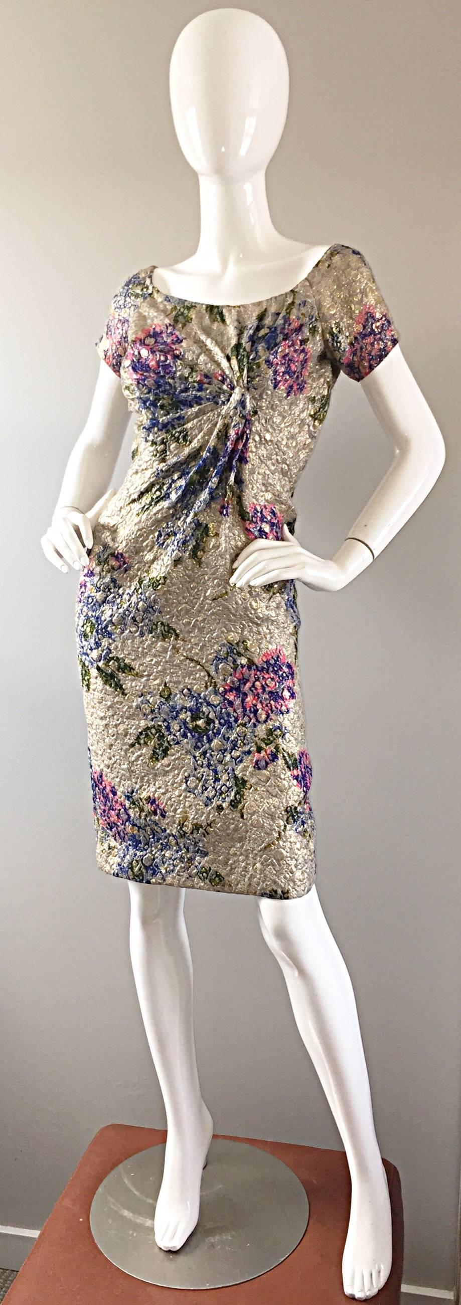 Women's Gorgeous 1950s Ceil Chapman Metallic Silk Watercolor Vintage 50s Wiggle Dress