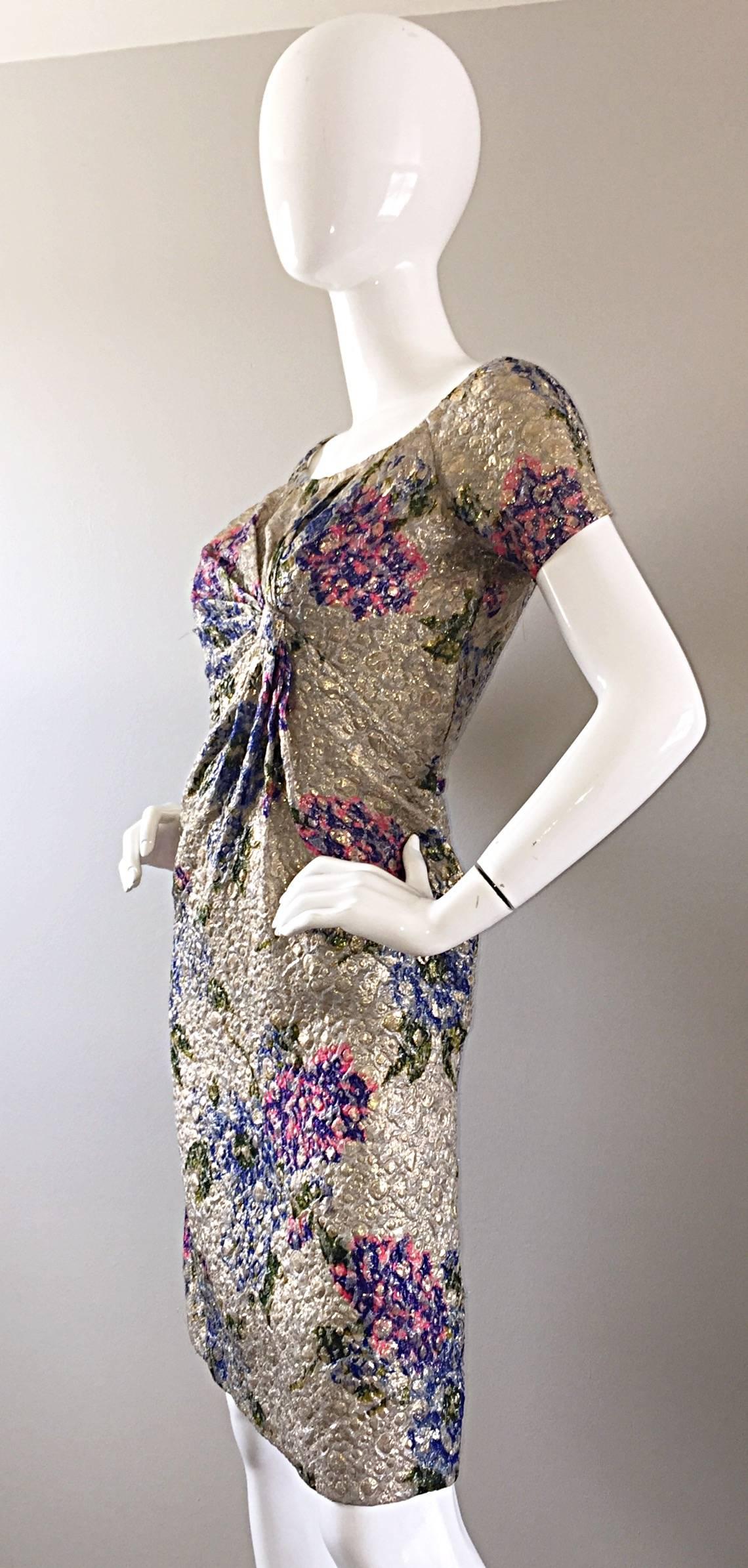 Gorgeous 1950s Ceil Chapman Metallic Silk Watercolor Vintage 50s Wiggle Dress 2