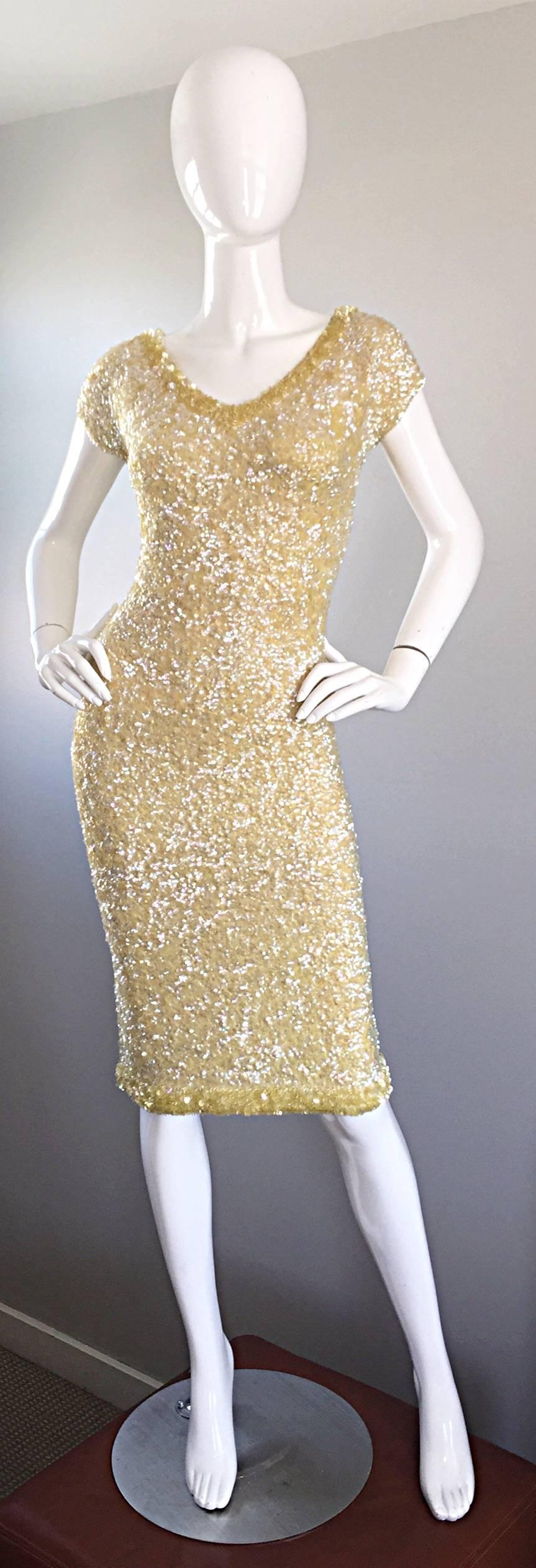 1950s Gene Shelly's Pale Yellow Fully Sequined 50s Vintage Wool Wiggle Dress 2