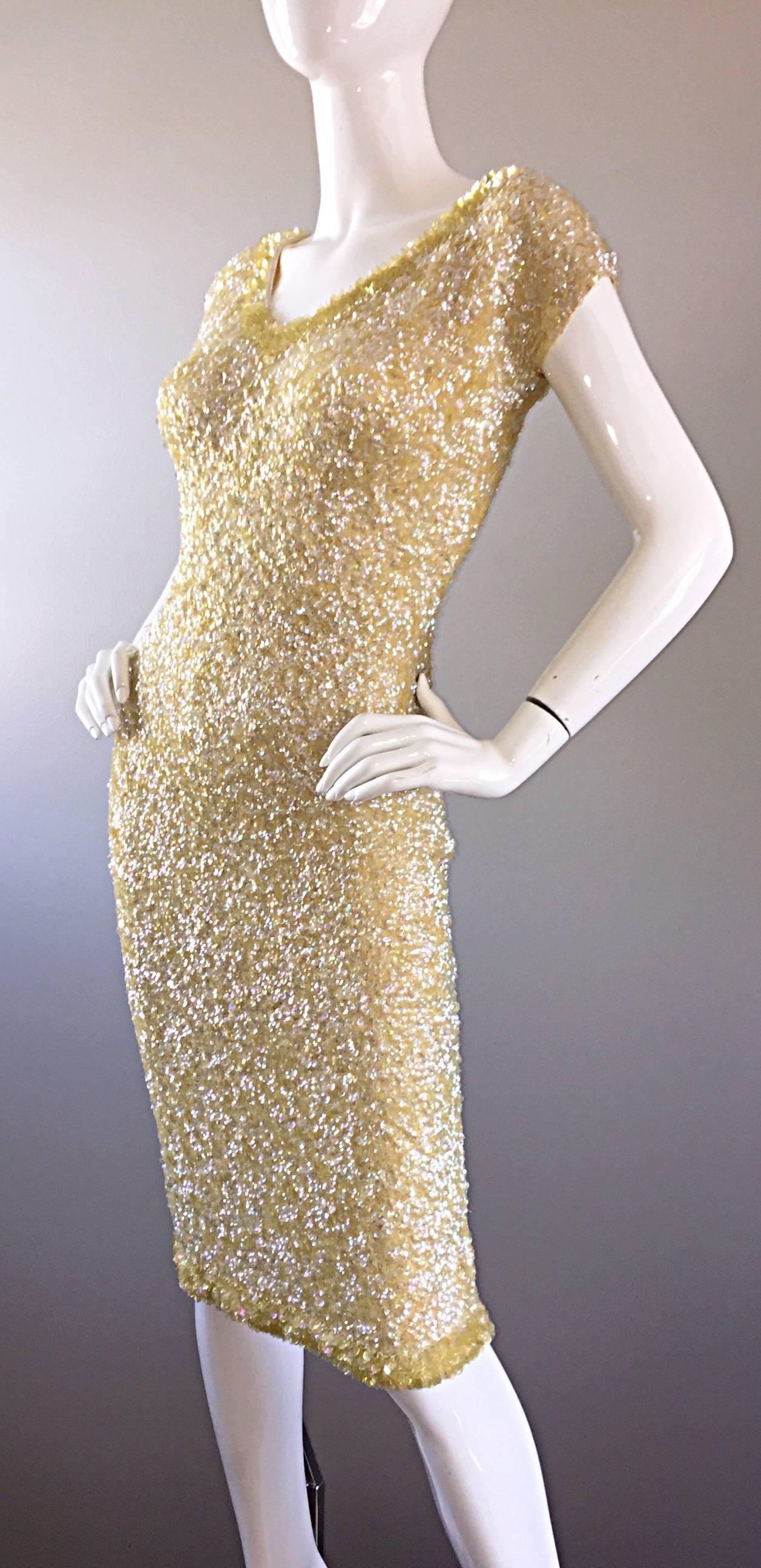 1950s Gene Shelly's Pale Yellow Fully Sequined 50s Vintage Wool Wiggle Dress In Excellent Condition In San Diego, CA