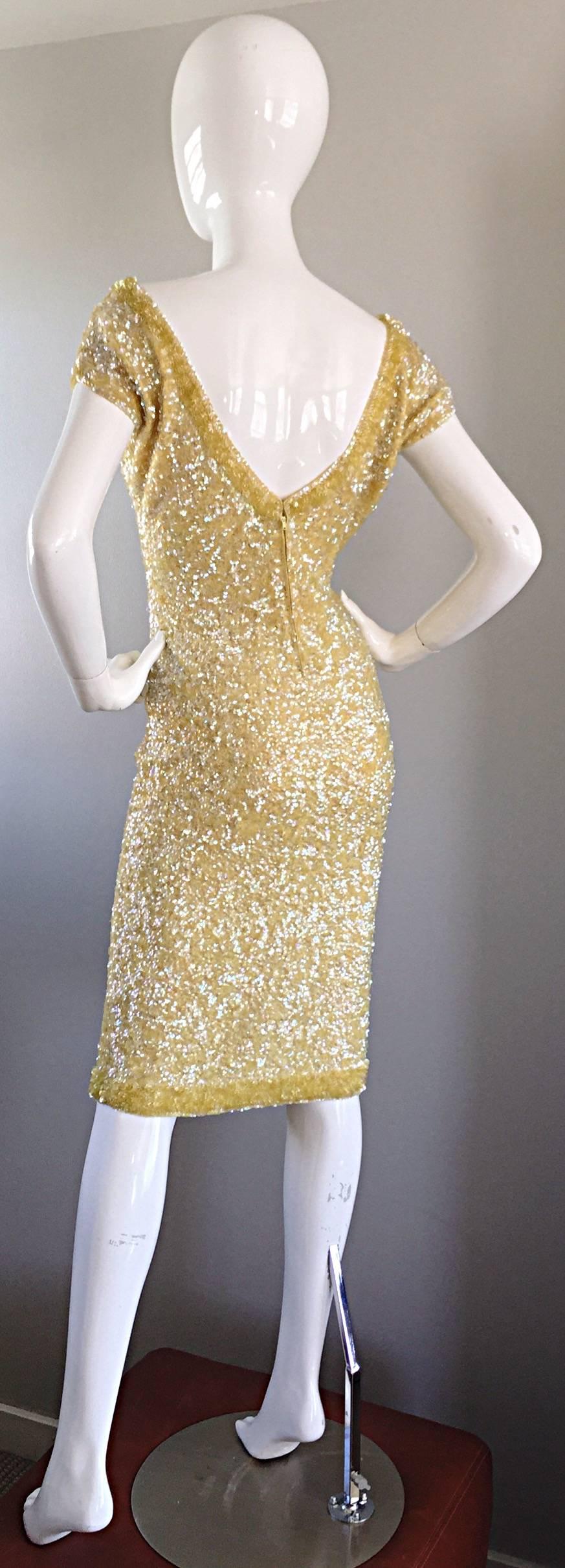 Beige 1950s Gene Shelly's Pale Yellow Fully Sequined 50s Vintage Wool Wiggle Dress