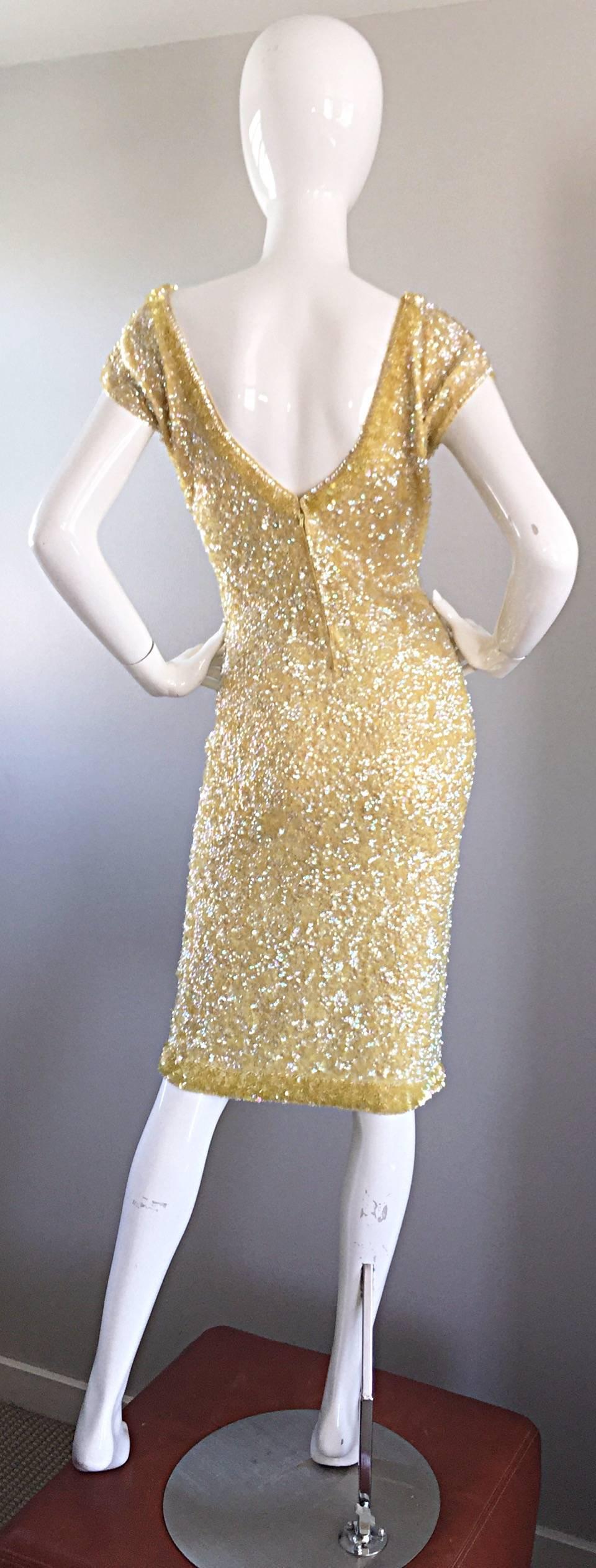 1950s Gene Shelly's Pale Yellow Fully Sequined 50s Vintage Wool Wiggle Dress 1