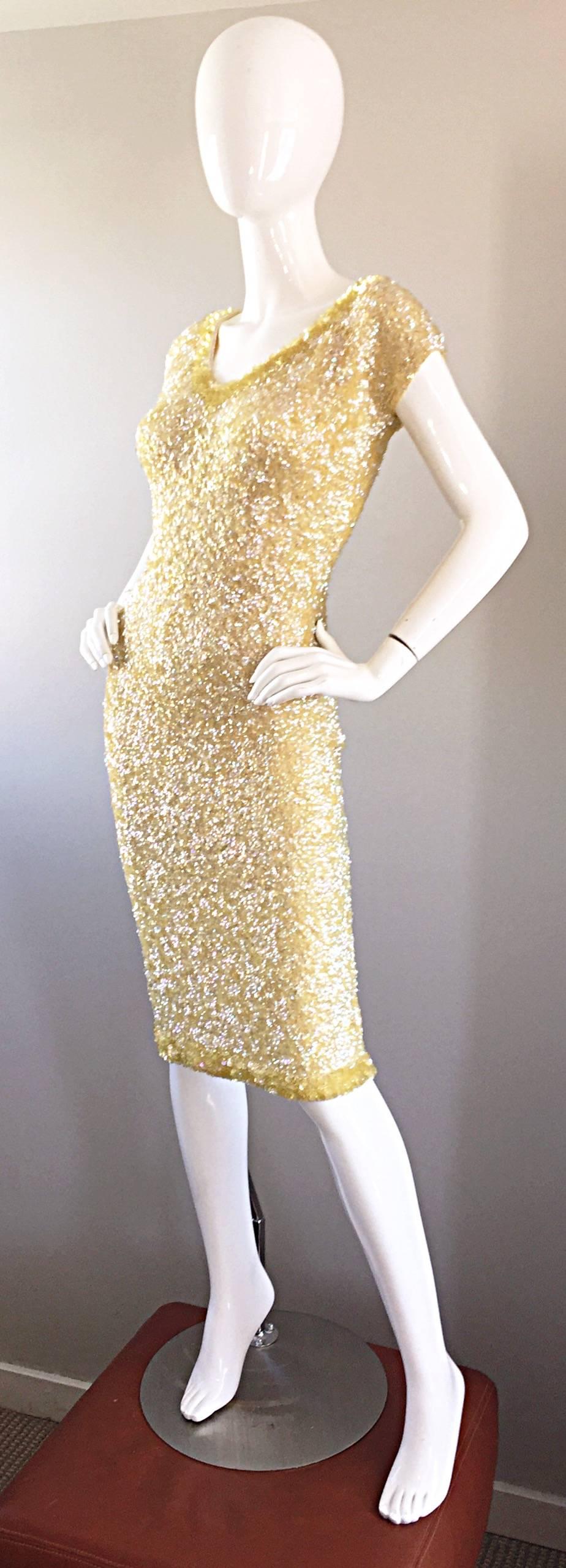 Women's 1950s Gene Shelly's Pale Yellow Fully Sequined 50s Vintage Wool Wiggle Dress