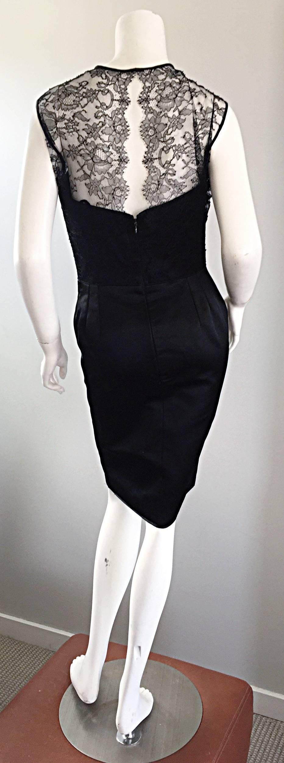 1990s Carlos Marquez Black Silk Vintage 90s Wiggle Dress w/ Lace Overlay LBD In Excellent Condition For Sale In San Diego, CA