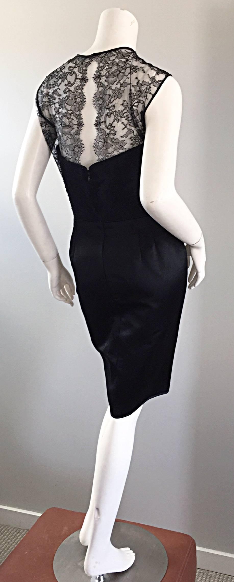 1990s Carlos Marquez Black Silk Vintage 90s Wiggle Dress w/ Lace Overlay LBD For Sale 3