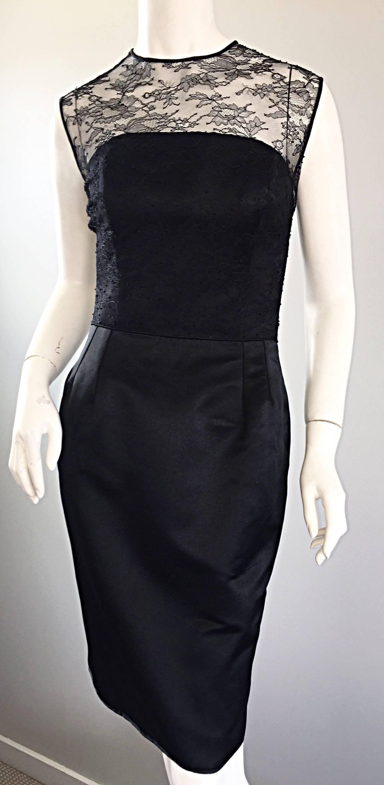 1990s Carlos Marquez Black Silk Vintage 90s Wiggle Dress w/ Lace Overlay LBD For Sale 1