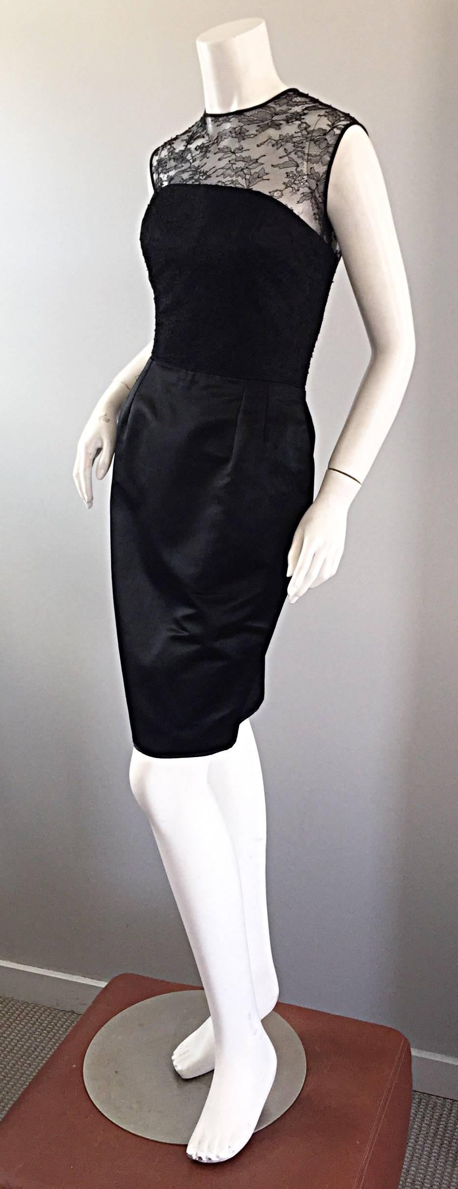 1990s Carlos Marquez Black Silk Vintage 90s Wiggle Dress w/ Lace Overlay LBD For Sale 4