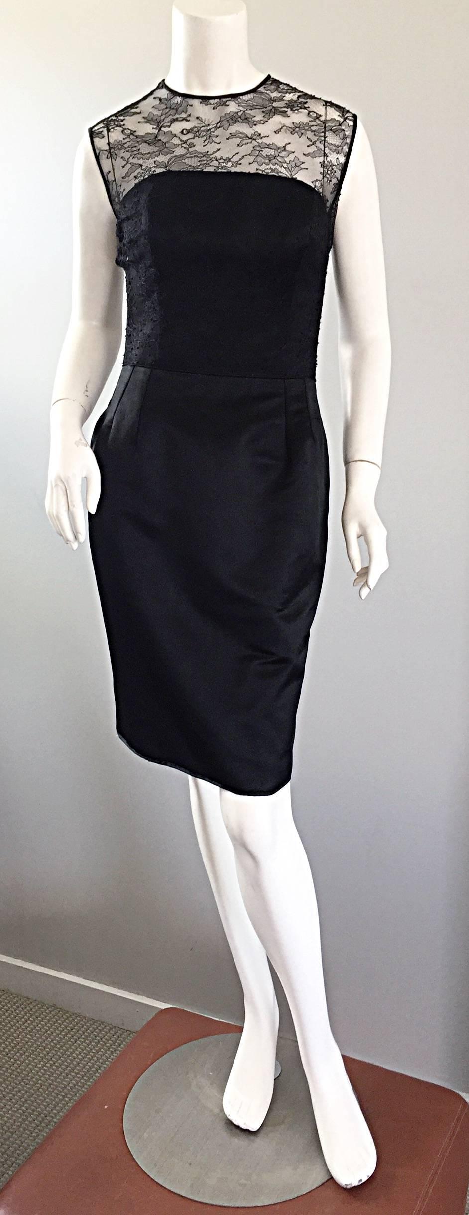 1990s Carlos Marquez Black Silk Vintage 90s Wiggle Dress w/ Lace Overlay LBD For Sale 5