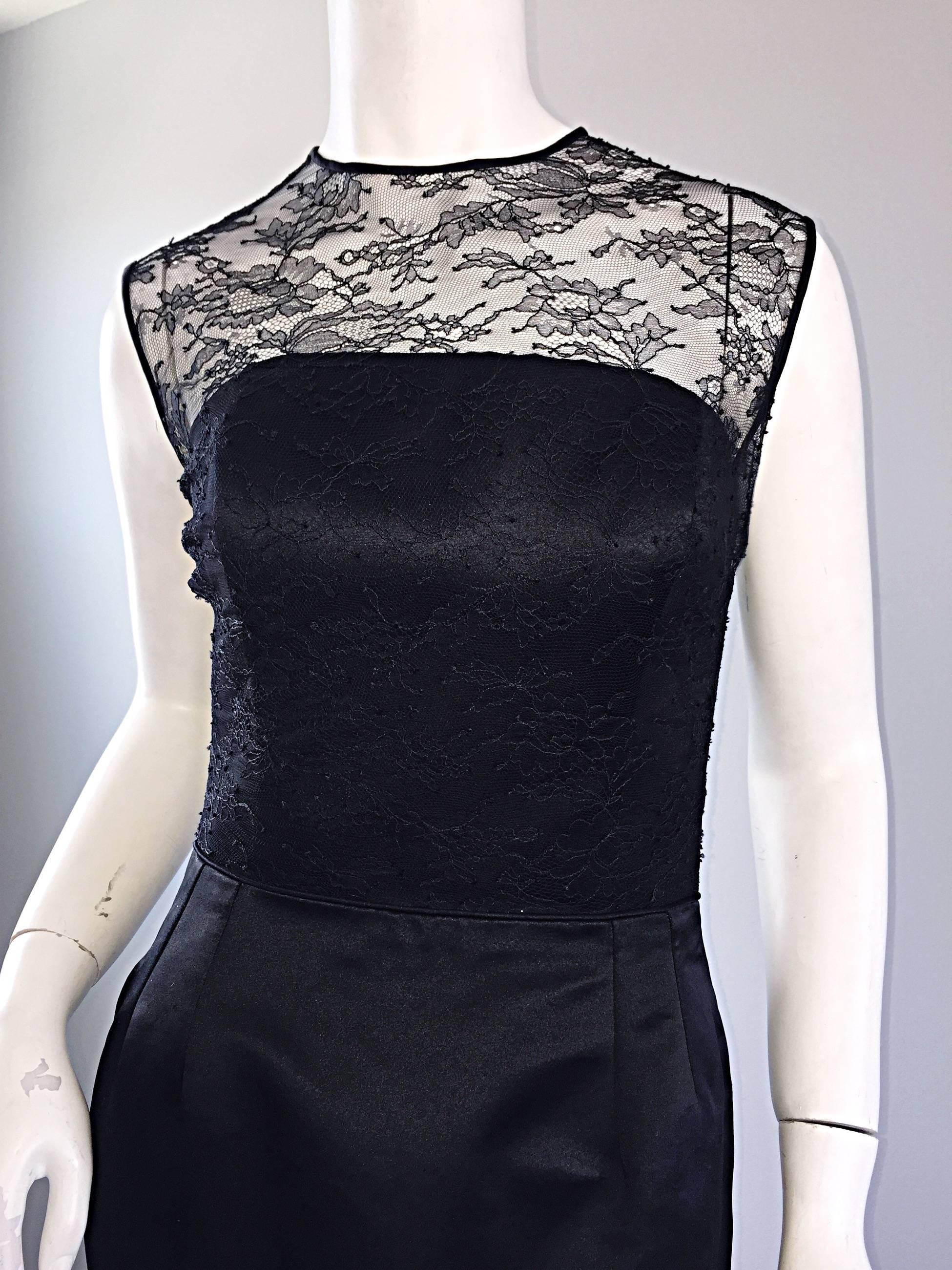 Women's 1990s Carlos Marquez Black Silk Vintage 90s Wiggle Dress w/ Lace Overlay LBD For Sale