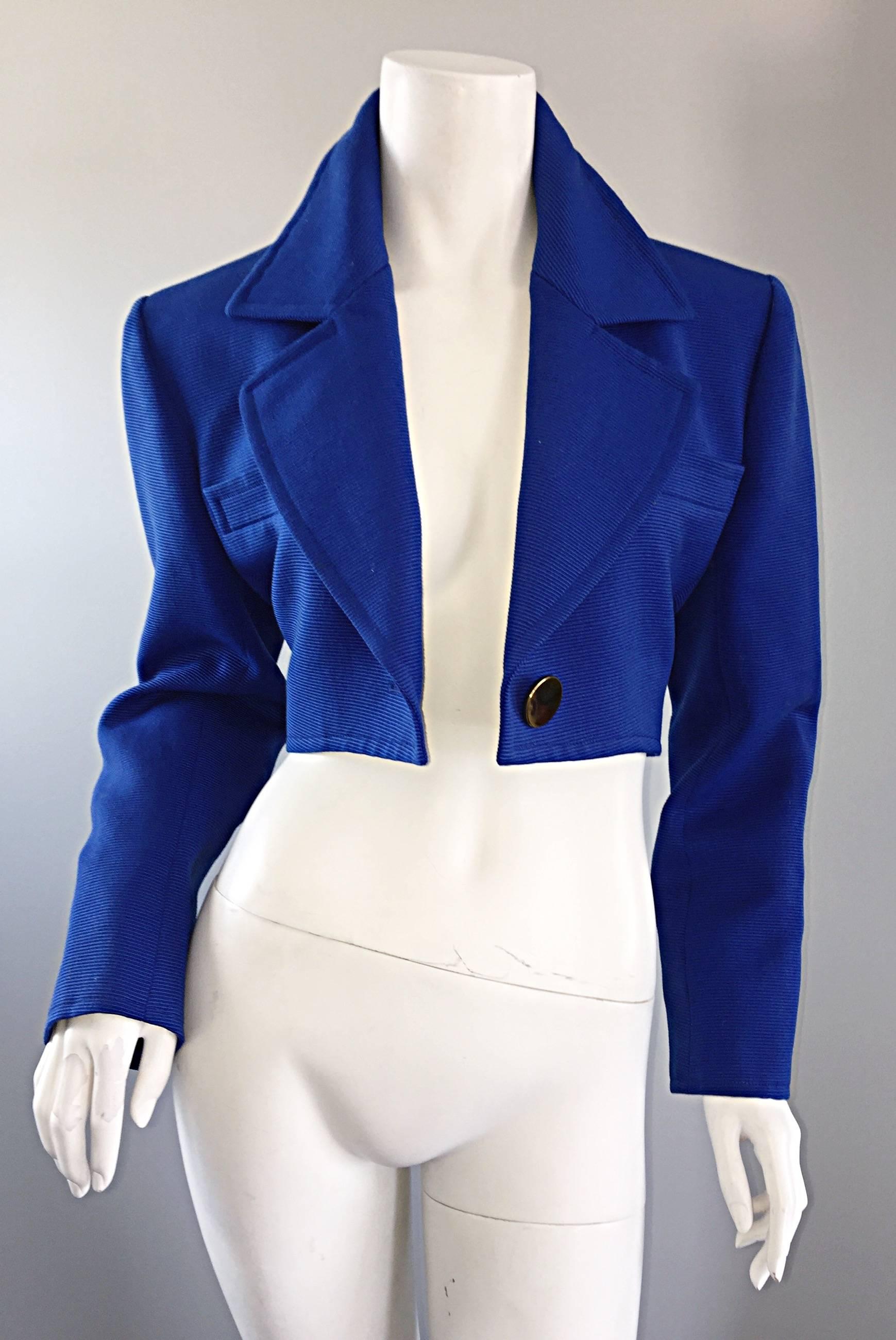 Vintage Yves Saint Laurent Rive Gauche Electric Royal Blue Cropped Bolero Jacket In Excellent Condition In San Diego, CA
