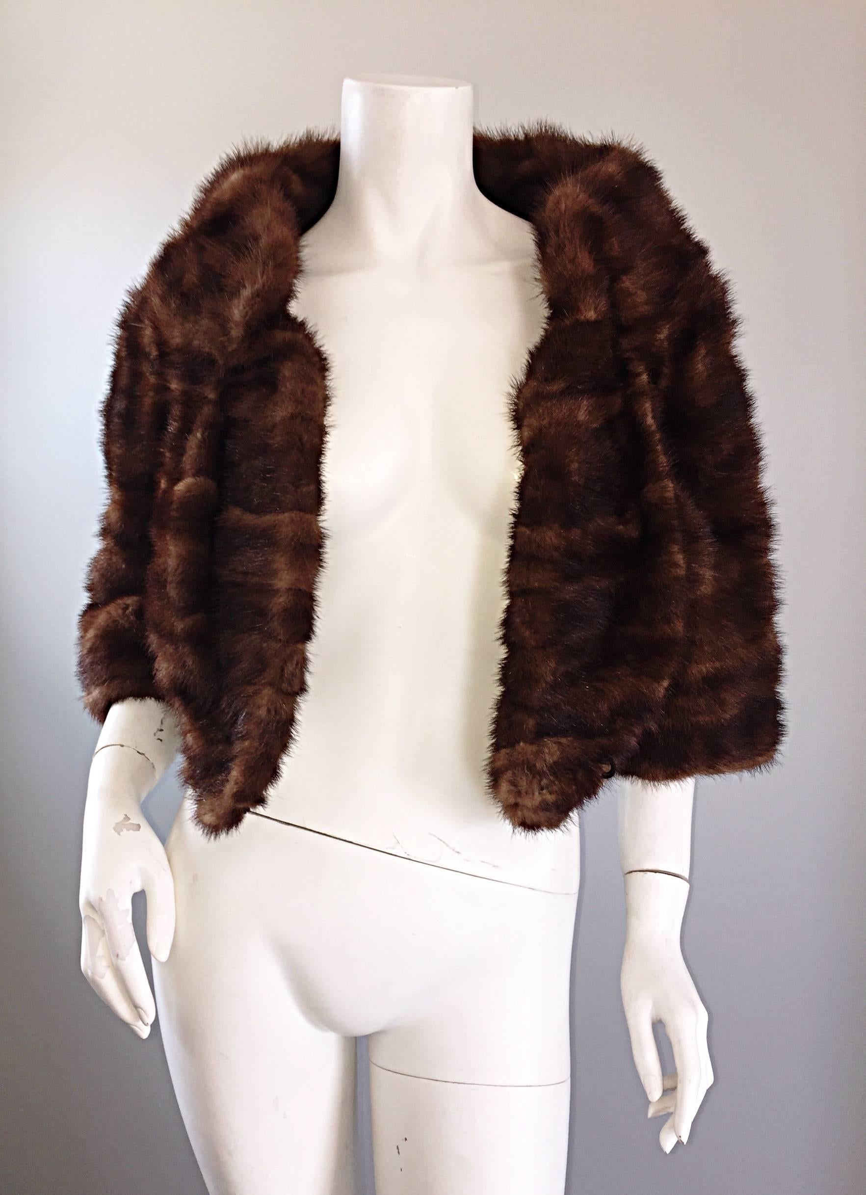 Women's Luxurious 1950s 50s Vintage Brown Mink Cropped Chubby 3/4 Sleeve Bolero Jacket 