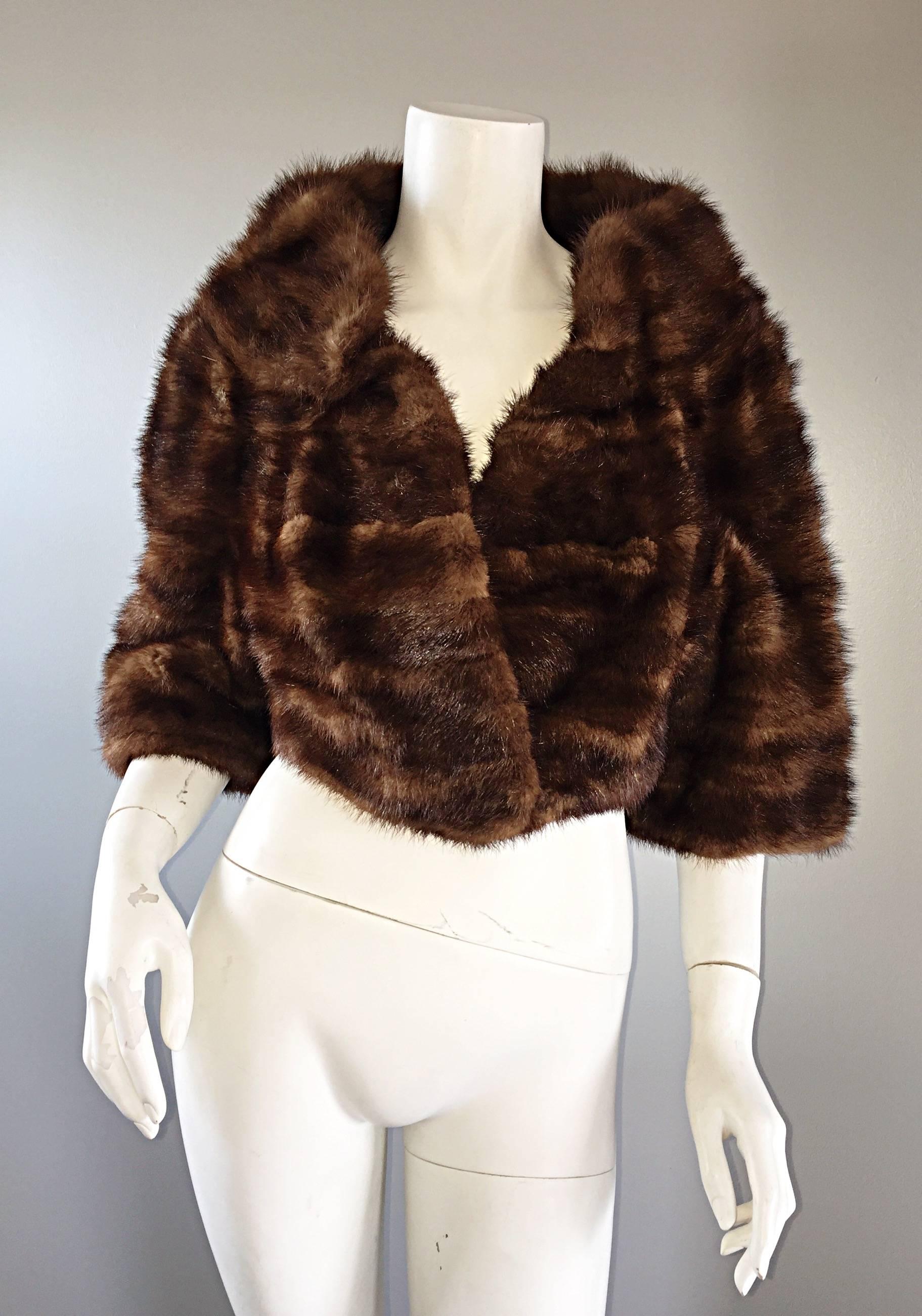 Luxurious 1950s 50s Vintage Brown Mink Cropped Chubby 3/4 Sleeve Bolero Jacket  4