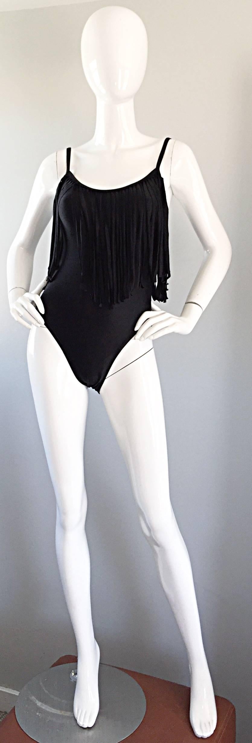 Oscar de la Renta Vintage Black Fringed One Piece Swimsuit / Bodysuit Leotard For Sale 2