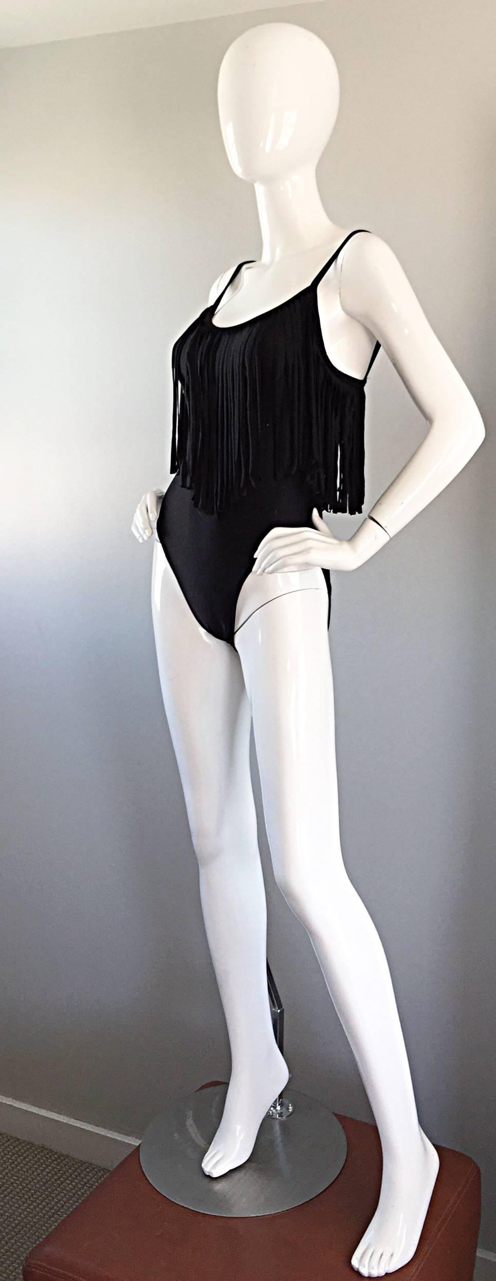 Oscar de la Renta Vintage Black Fringed One Piece Swimsuit / Bodysuit Leotard In Excellent Condition For Sale In San Diego, CA