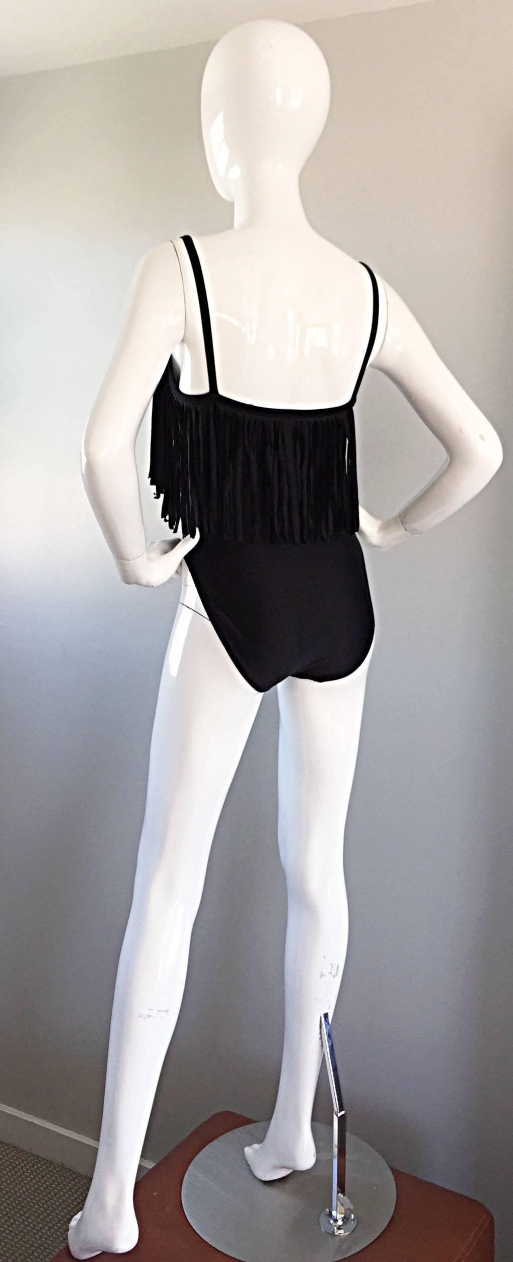 Women's Oscar de la Renta Vintage Black Fringed One Piece Swimsuit / Bodysuit Leotard For Sale