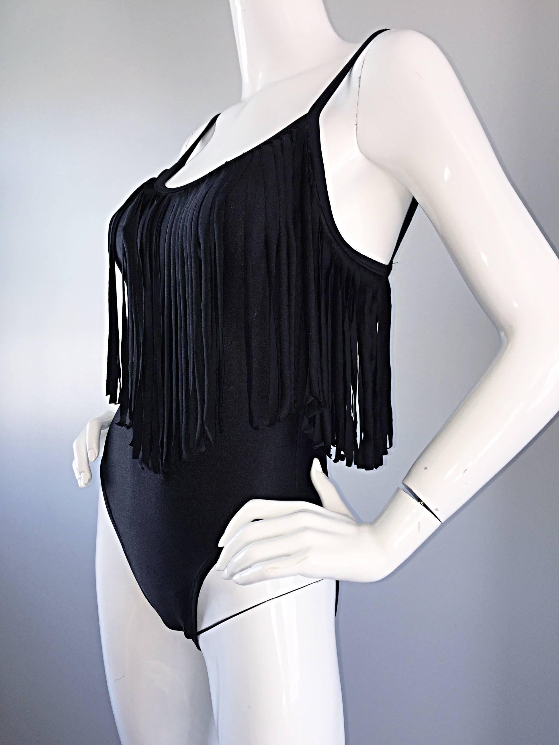 Oscar de la Renta Vintage Black Fringed One Piece Swimsuit / Bodysuit Leotard For Sale 1