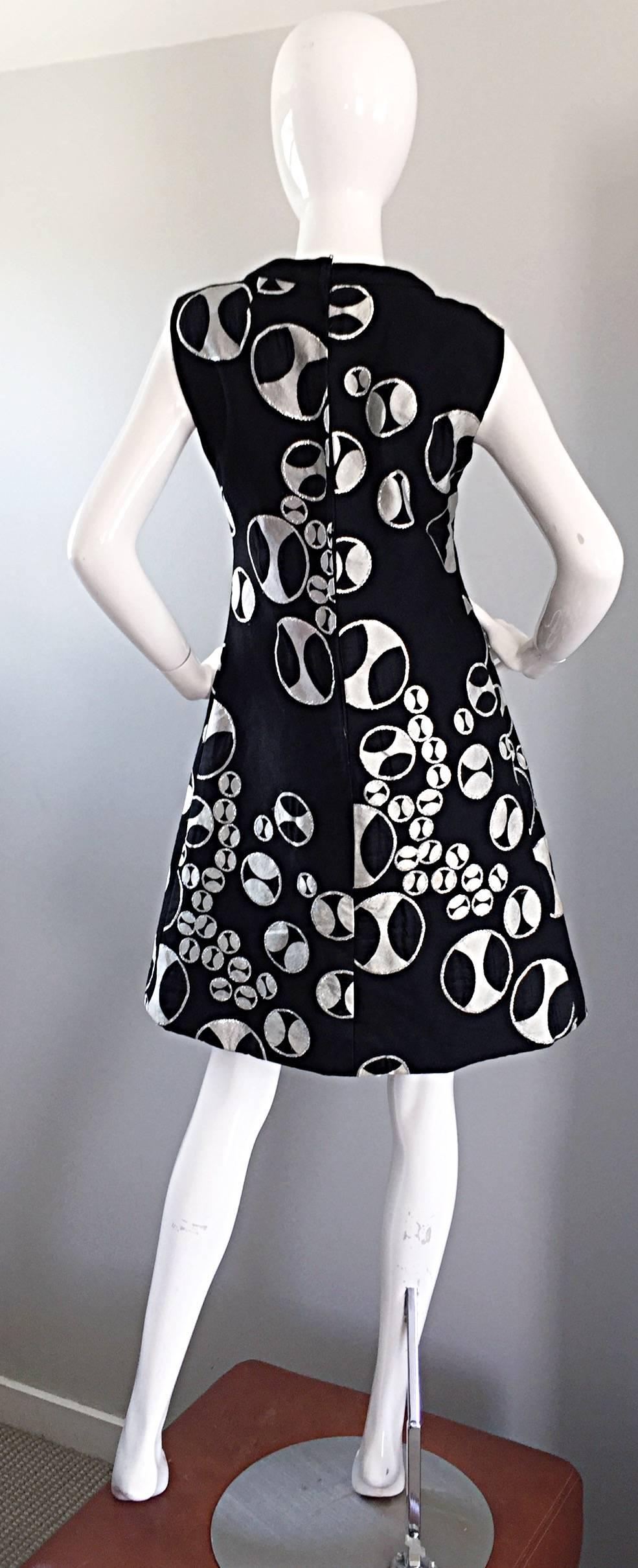 Women's Rare 1960s Helga Couture Black + Silver + White ' Button Print ' Space Age Dress