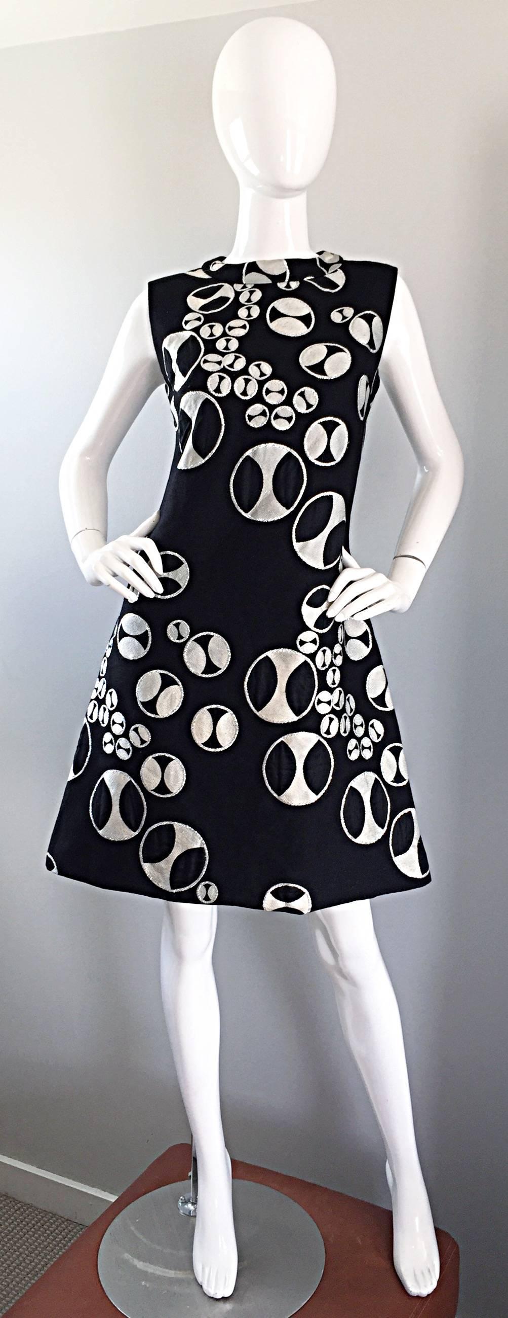 Rare 1960s Helga Couture Black + Silver + White ' Button Print ' Space Age Dress 5