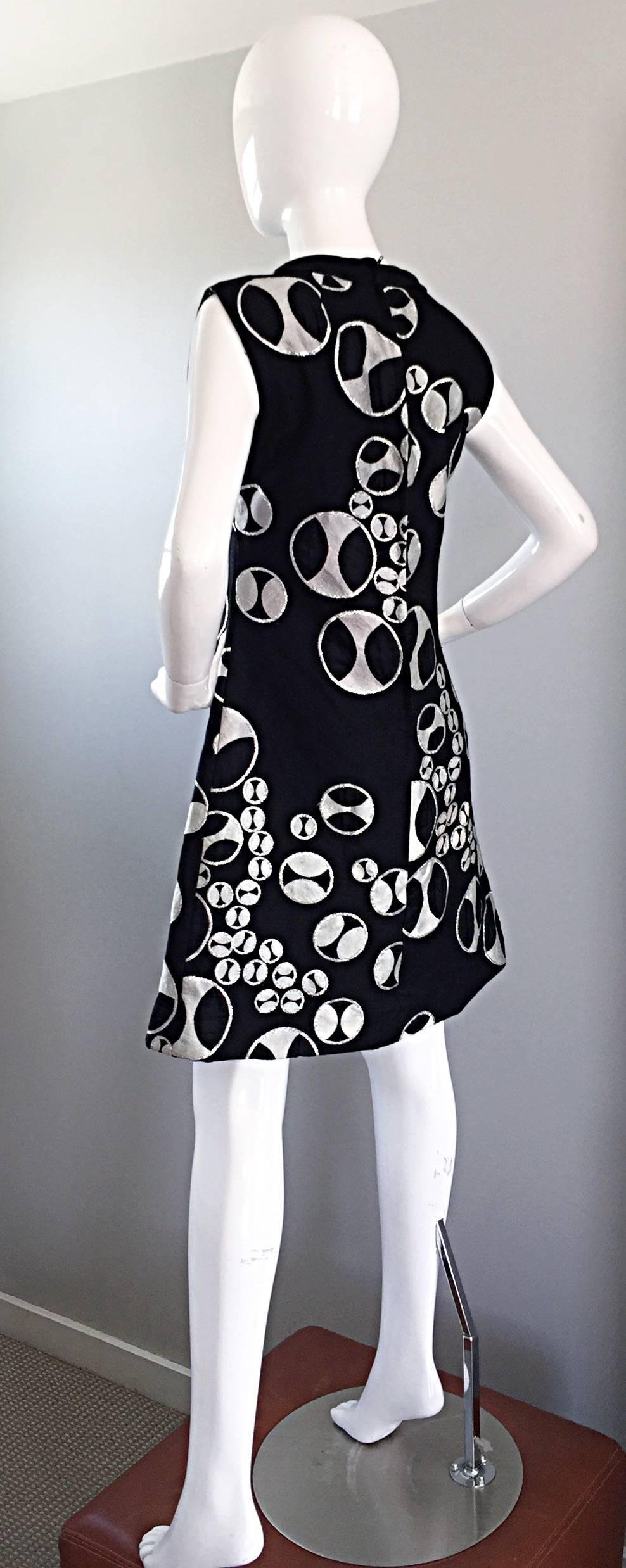Rare 1960s Helga Couture Black + Silver + White ' Button Print ' Space Age Dress 4