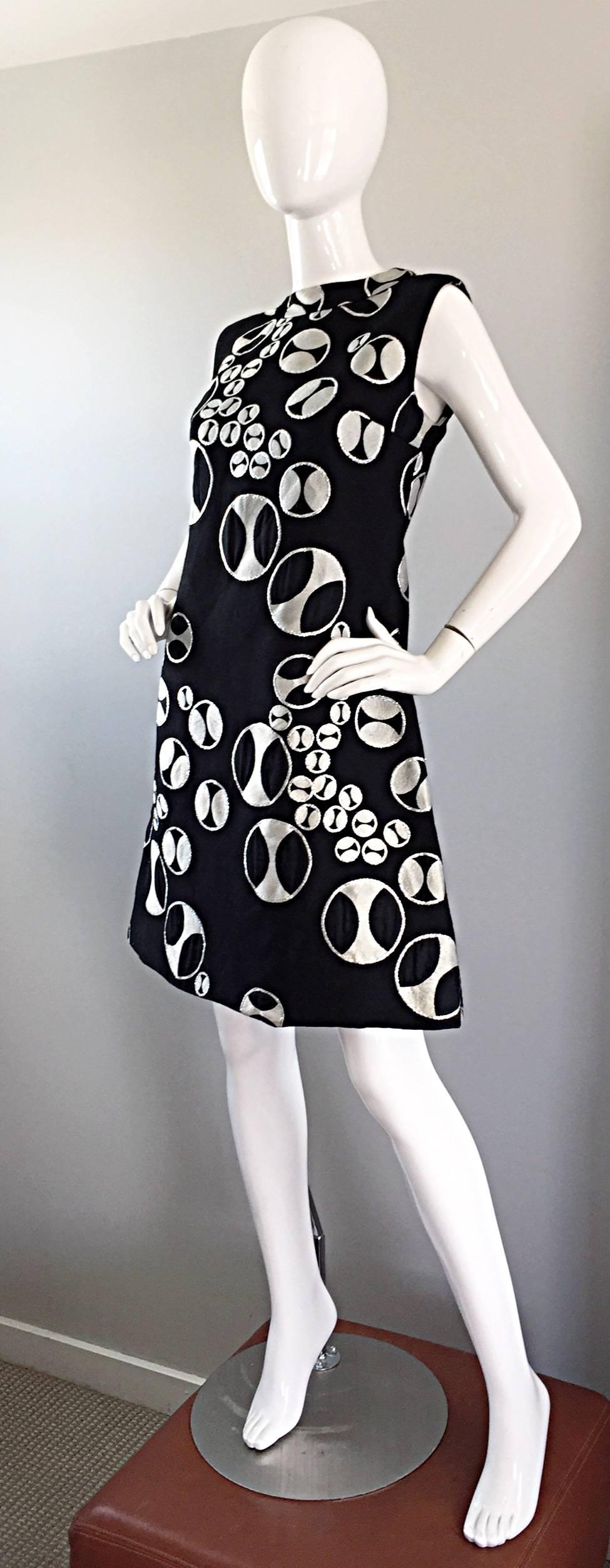 Rare 1960s Helga Couture Black + Silver + White ' Button Print ' Space Age Dress 3