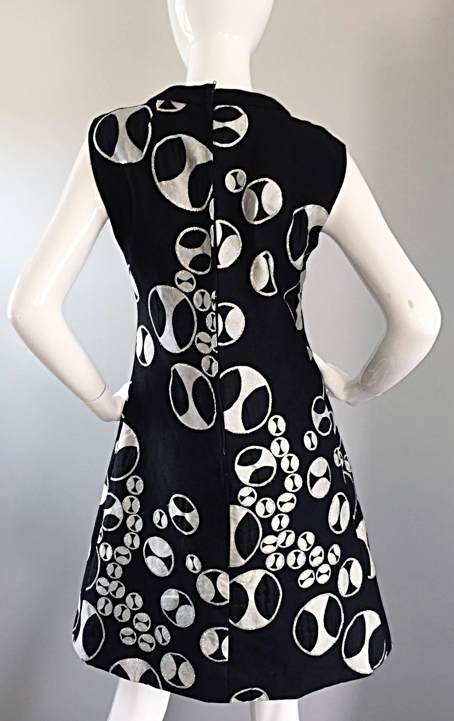 Rare 1960s Helga Couture Black + Silver + White ' Button Print ' Space Age Dress 2
